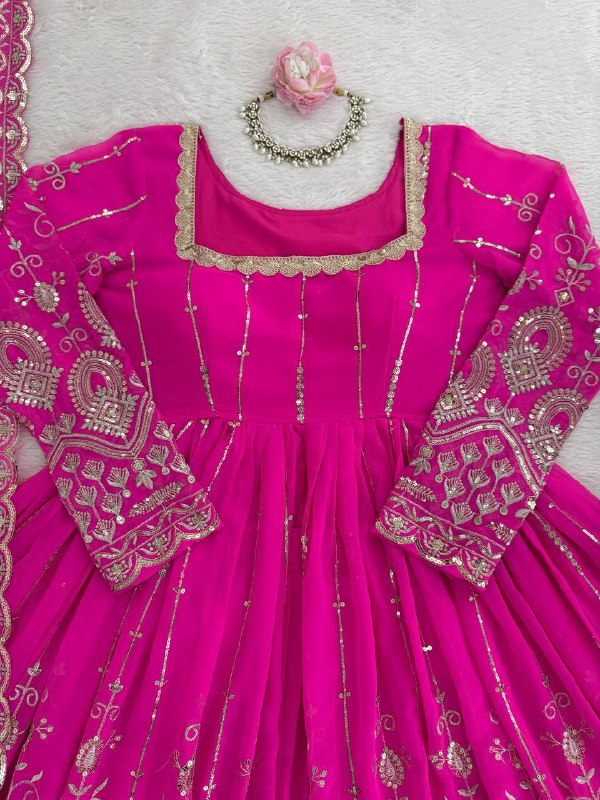 Festival Special Embroidered Georgette Pink Party Wear Stitched 3 Piece Set