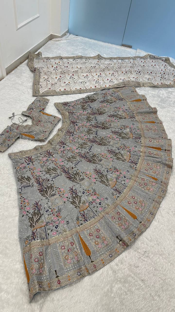 Stylish Silk Embroidered Party Wear Grey Lehenga Set with Heavy Thread Flair