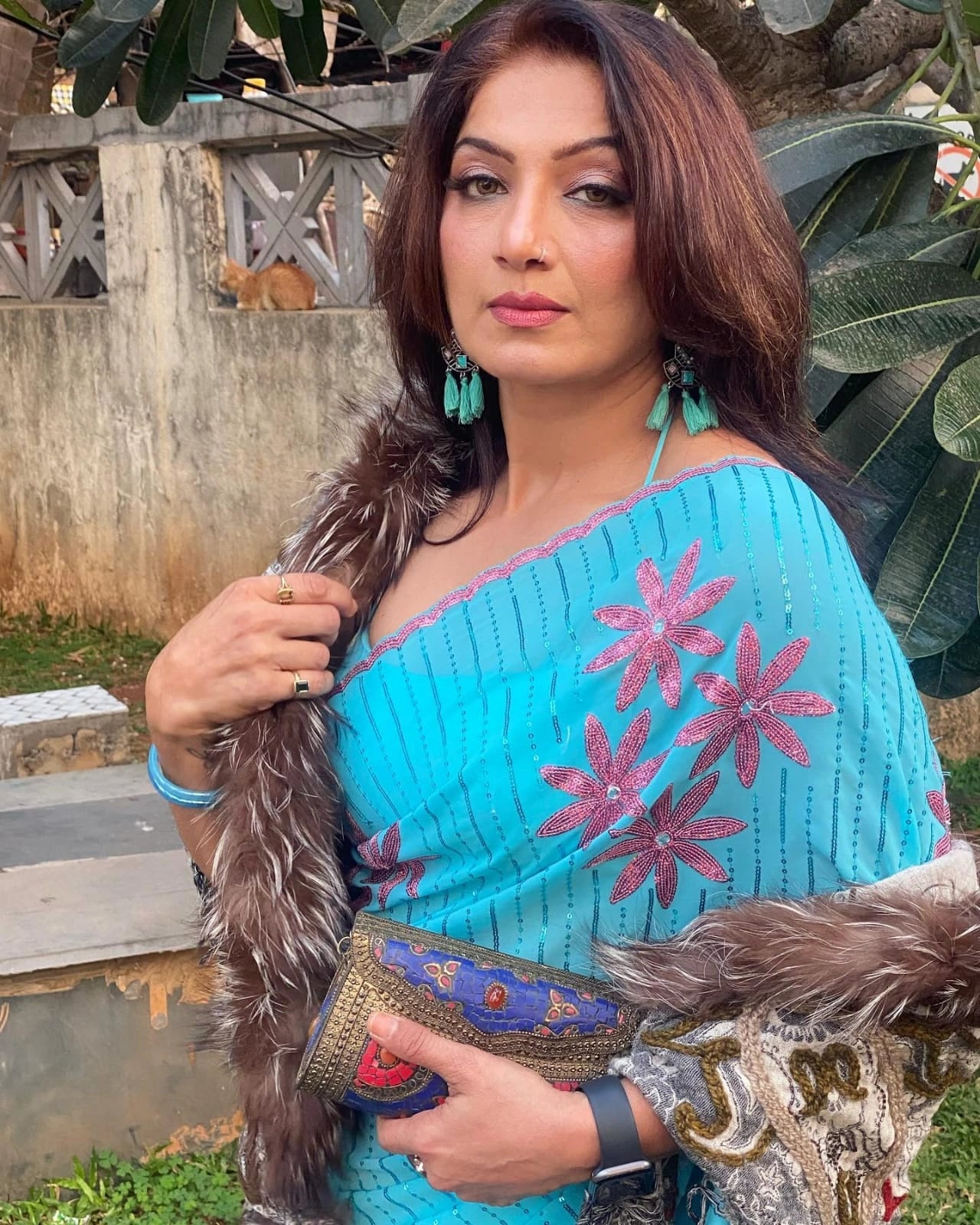 Sky Color Party Wear Saree in Georgette With Dual Sequence Work and Blouse