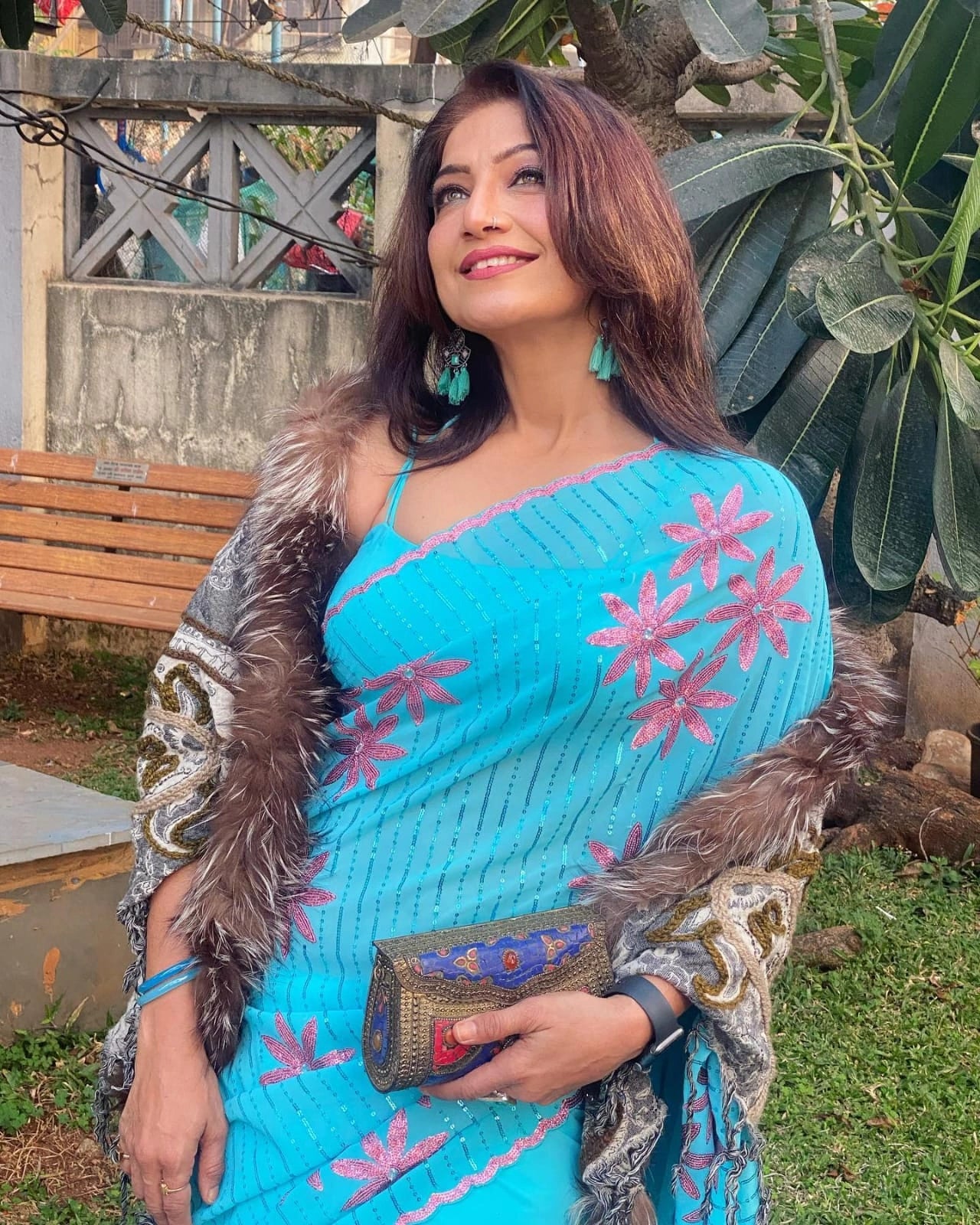 Sky Color Party Wear Saree in Georgette With Dual Sequence Work and Blouse