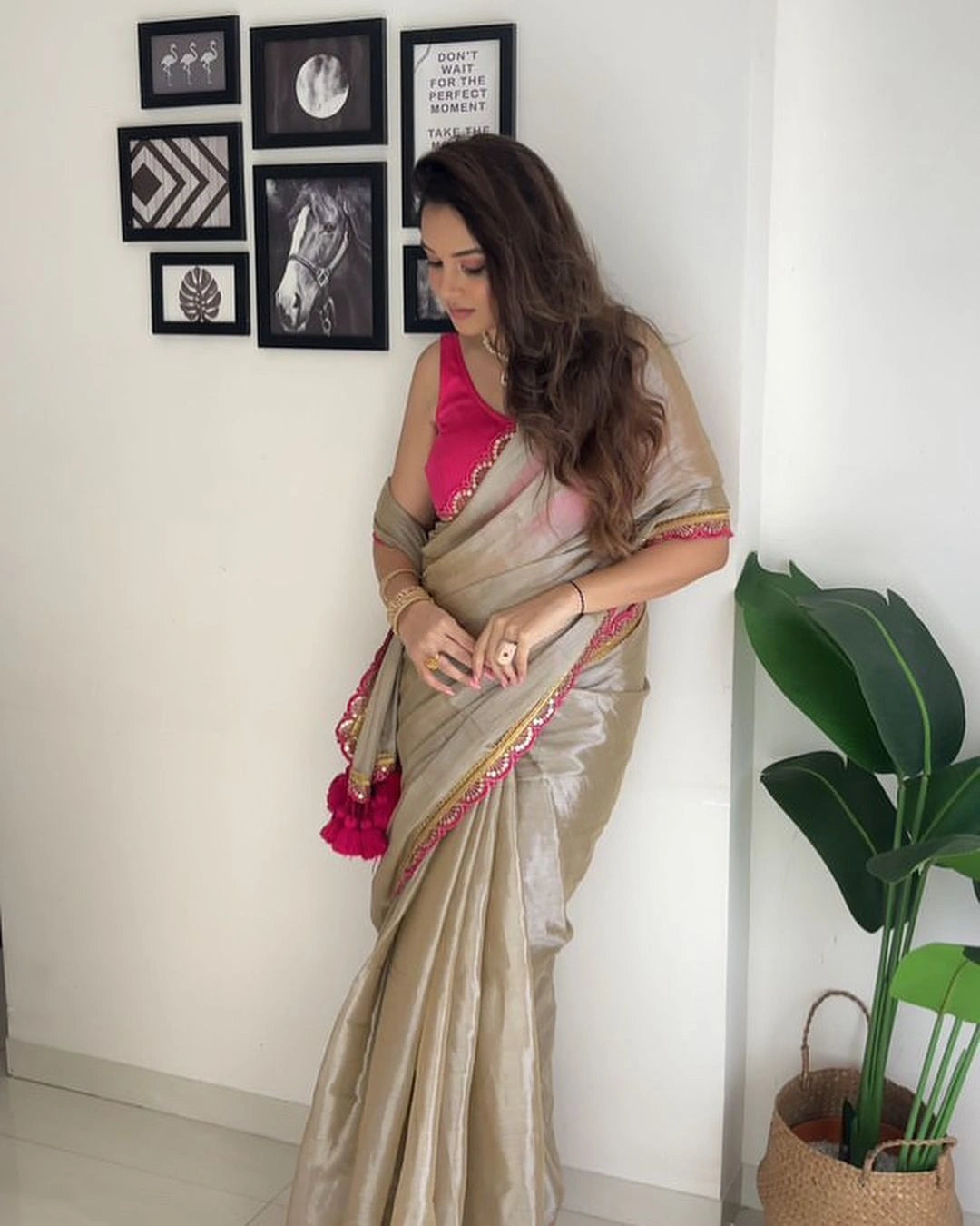 Embroidered Satin Beige Saree Online