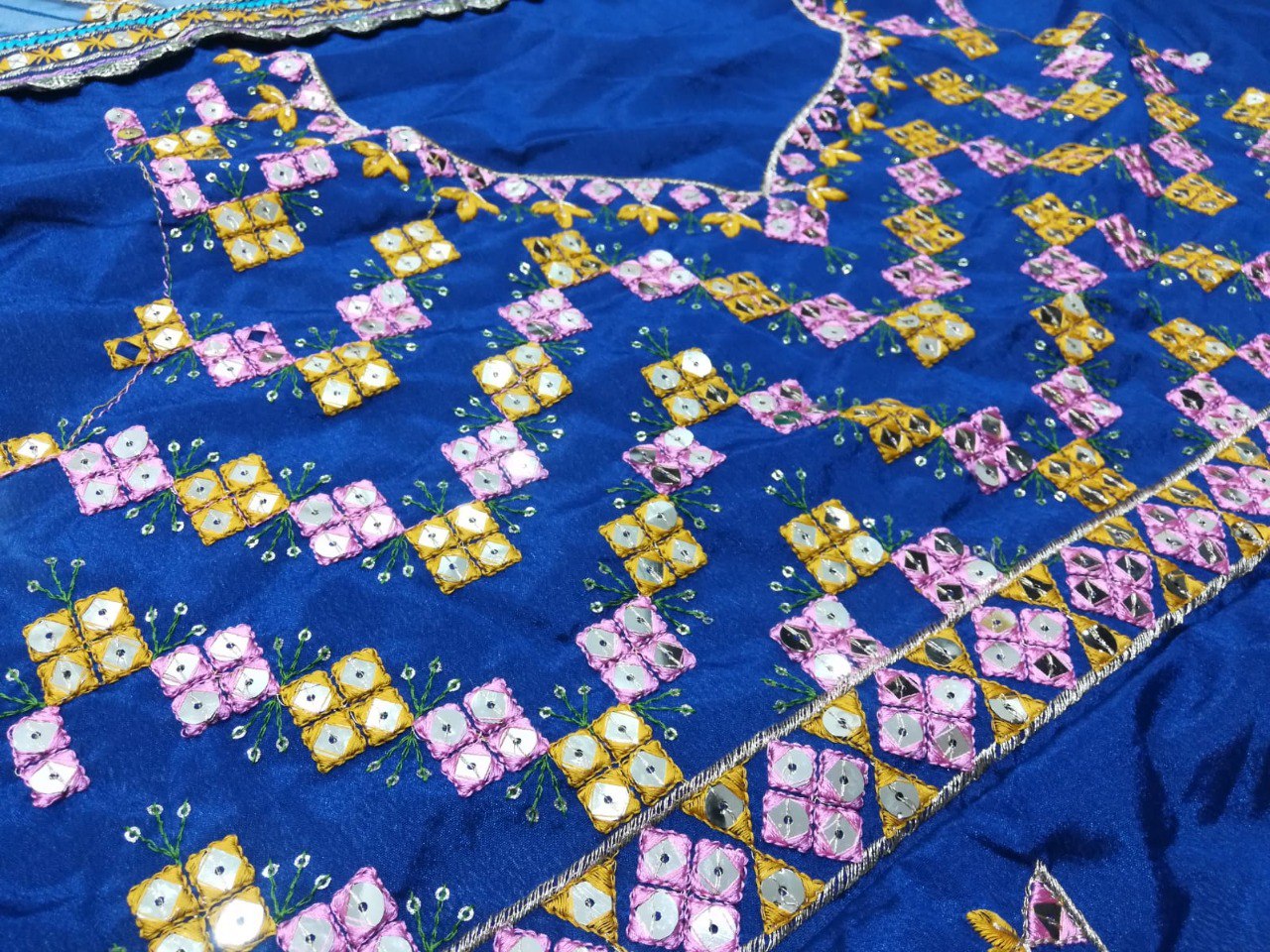 Blue Chinon Lehenga Choli with Multi-Color Thread and Zari Embroidery Work