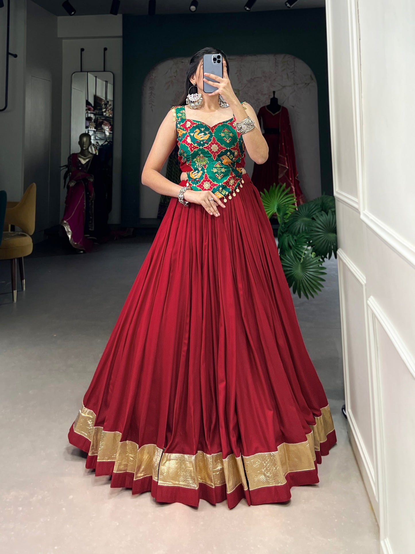 Navratri Special Maroon Flared Lehenga Choli Set with Mirror Work