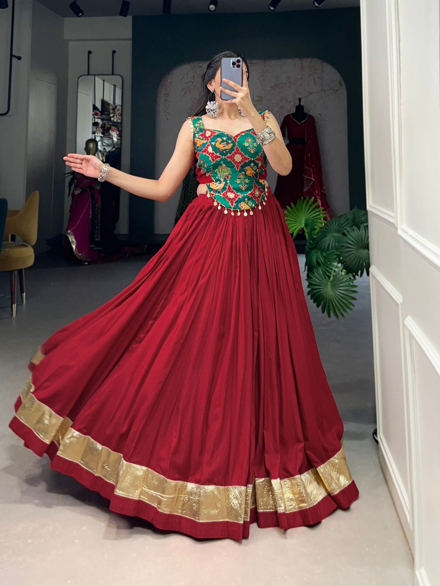 Navratri Special Maroon Flared Lehenga Choli Set with Mirror Work