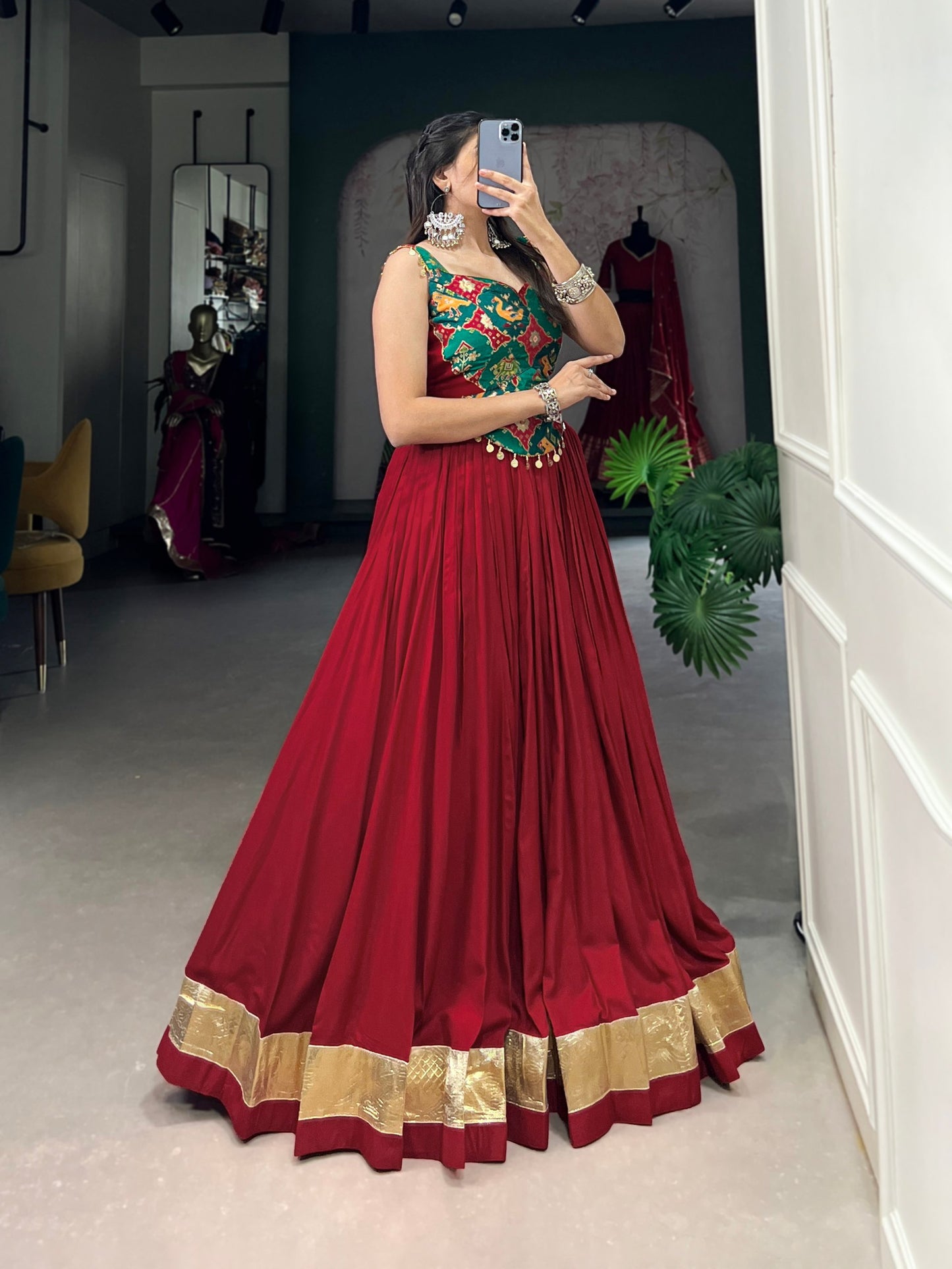 Navratri Special Maroon Flared Lehenga Choli Set with Mirror Work