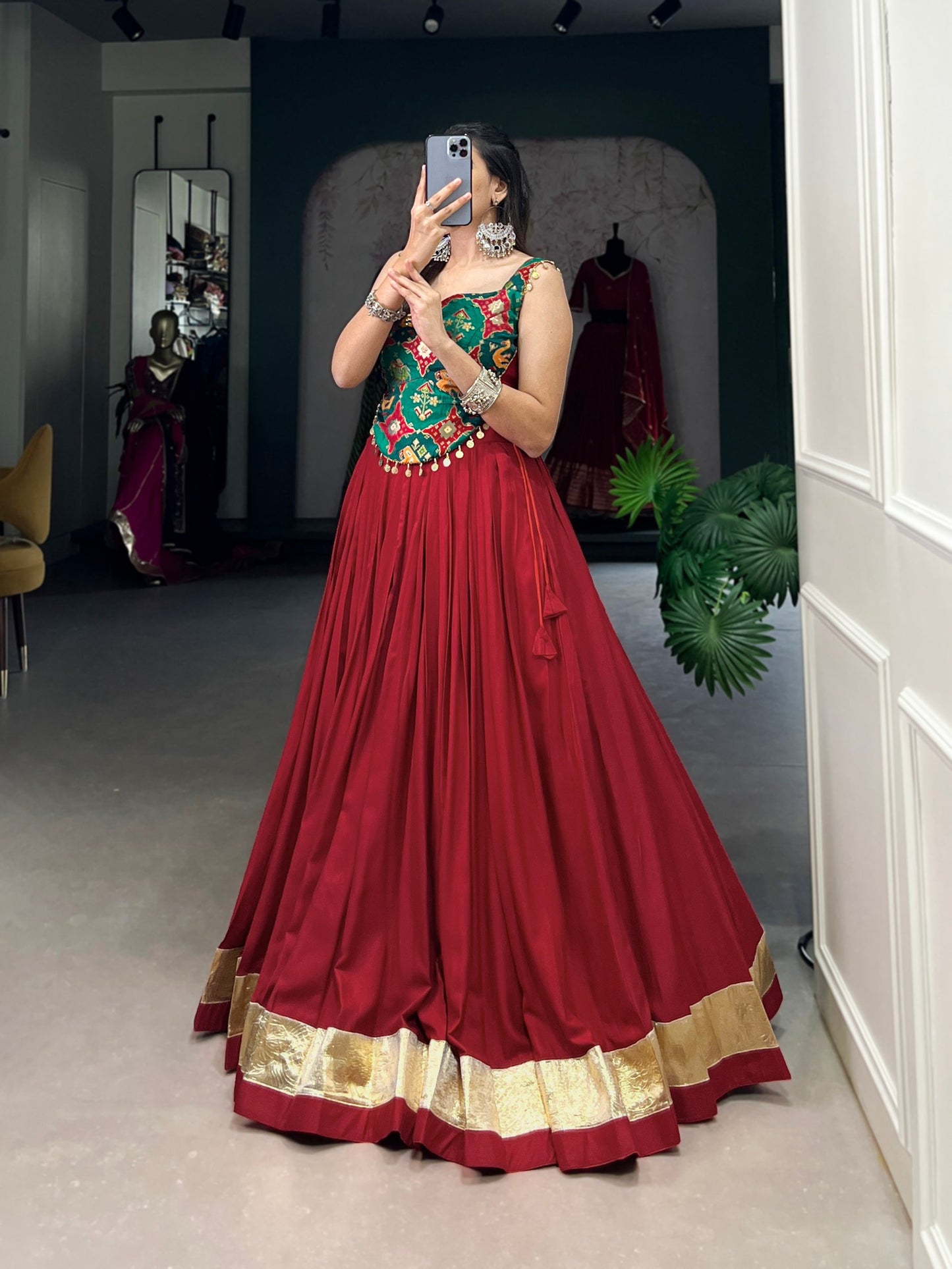 Navratri Special Maroon Flared Lehenga Choli Set with Mirror Work