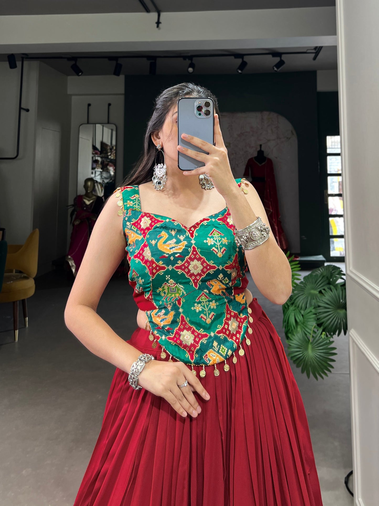 Navratri Special Maroon Flared Lehenga Choli Set with Mirror Work