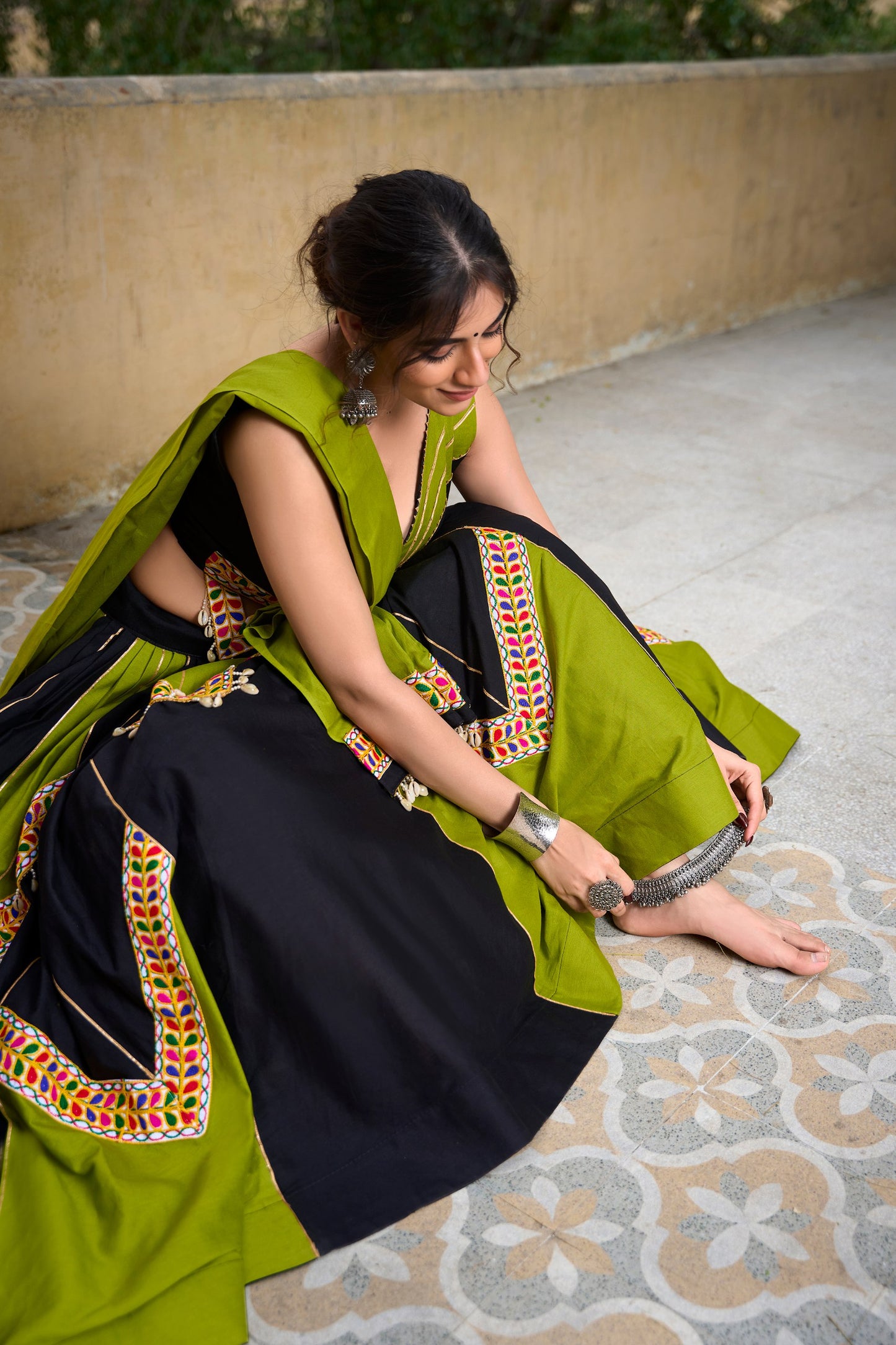 Green & Black Cotton Navratri Lehenga Choli