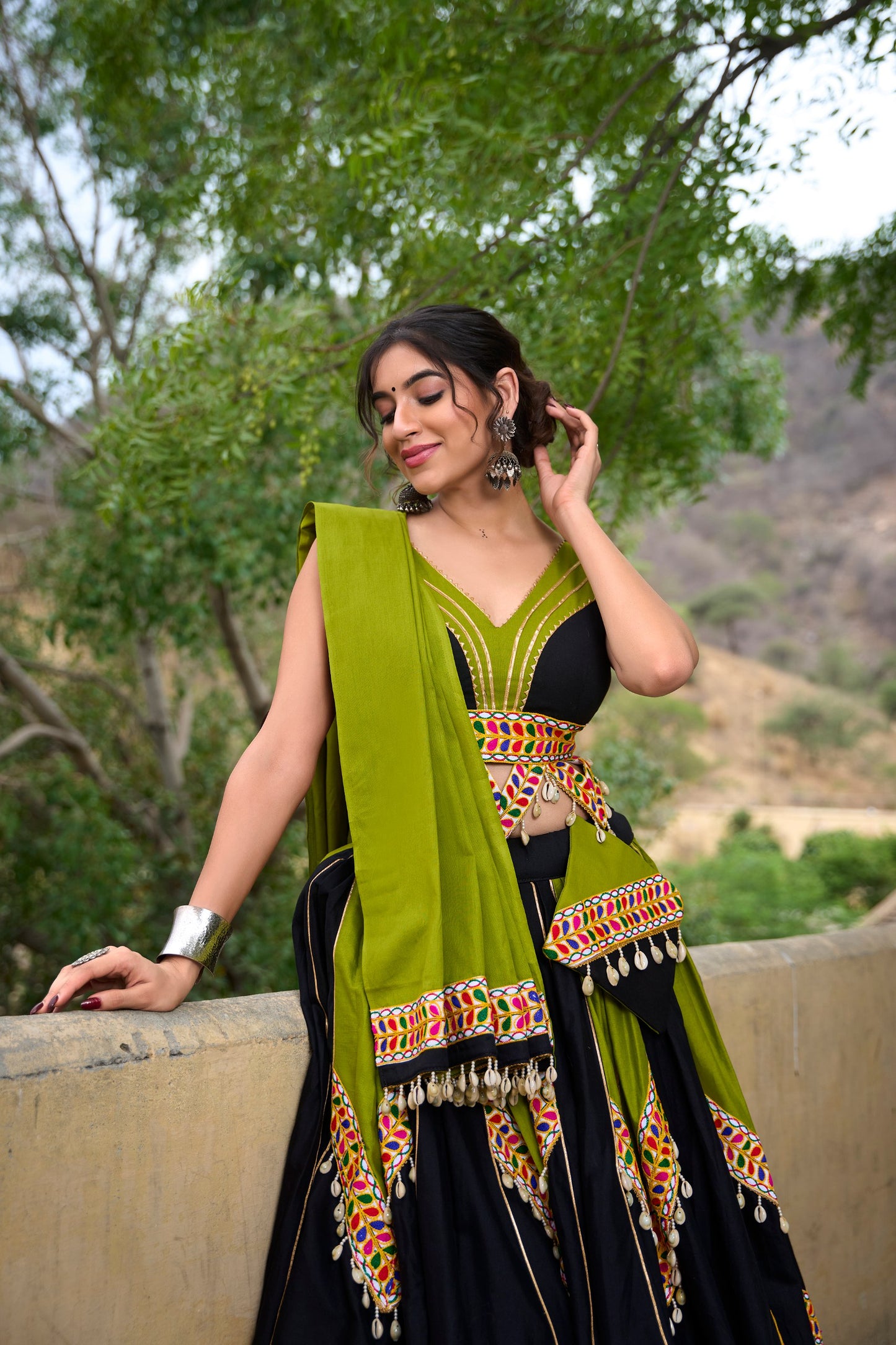 Green & Black Cotton Navratri Lehenga Choli