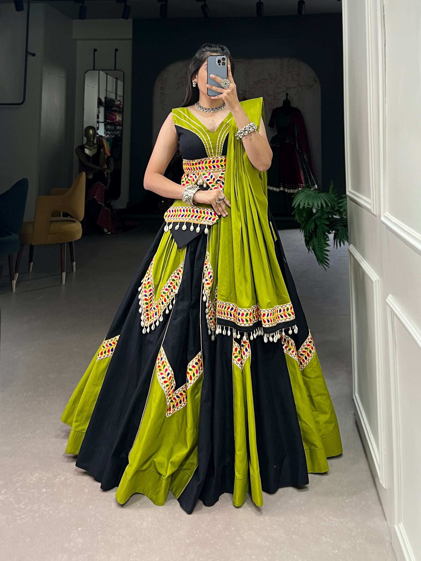 Green & Black Cotton Navratri Lehenga Choli