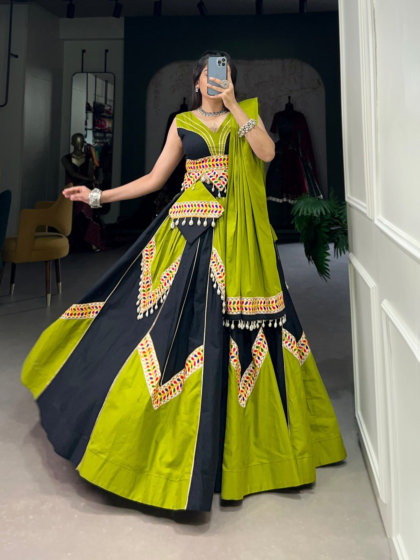Green & Black Cotton Navratri Lehenga Choli
