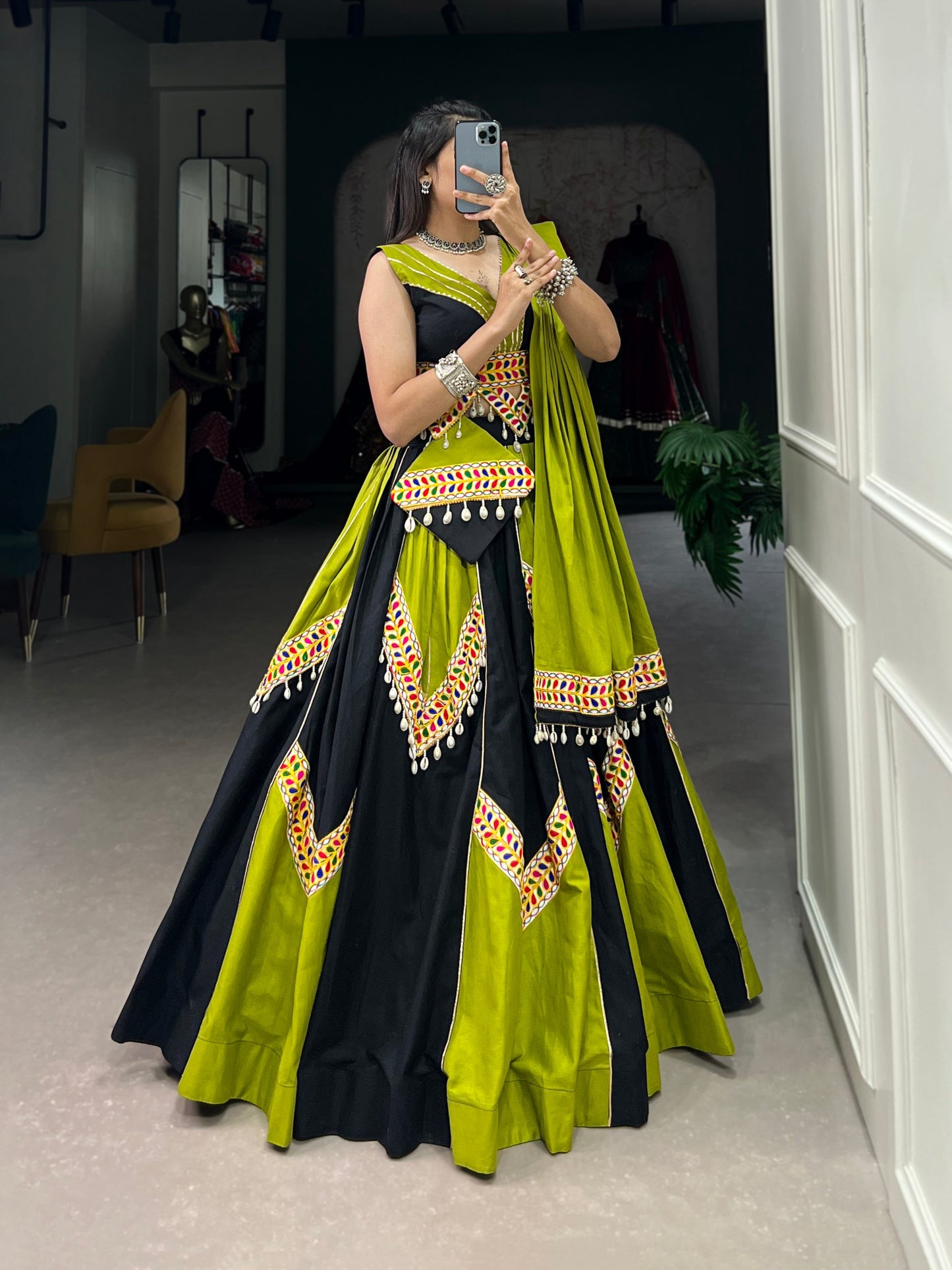 Green & Black Cotton Navratri Lehenga Choli