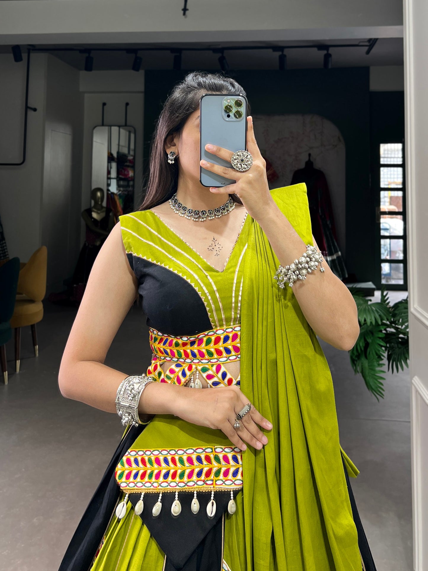 Green & Black Cotton Navratri Lehenga Choli