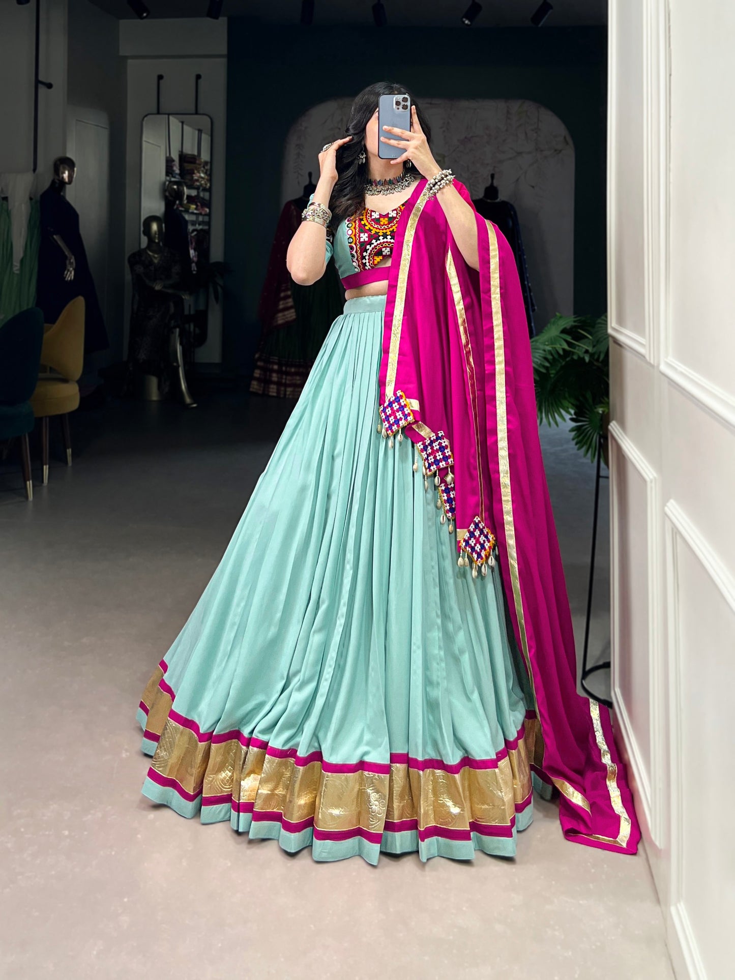 Sea Green Navaratri Chaniya Choli in Rayon With Gamathi and Embossed Lace