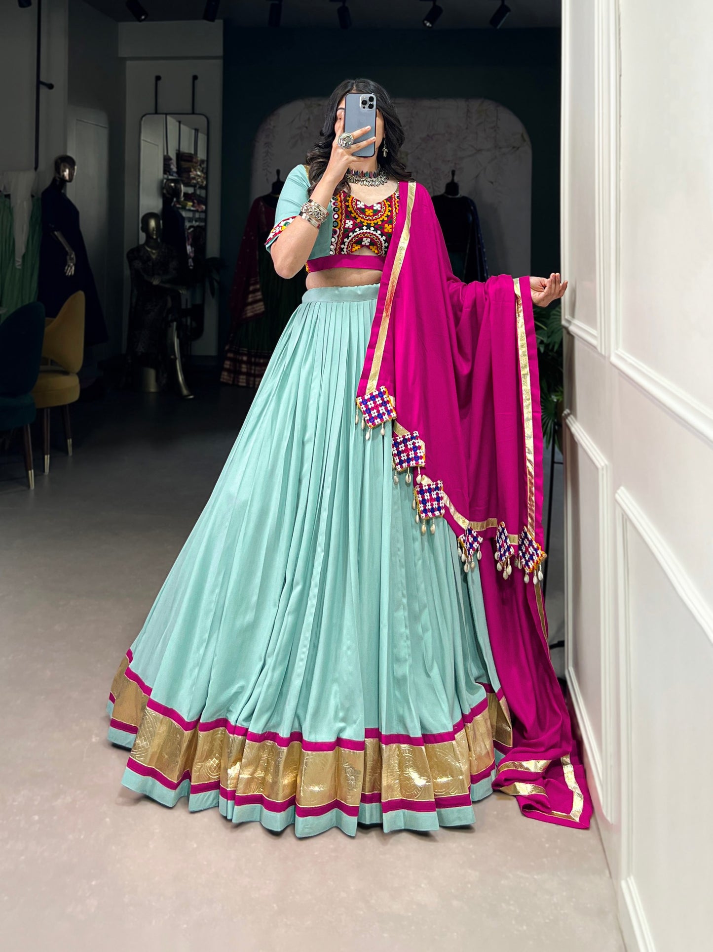 Sea Green Navaratri Chaniya Choli in Rayon With Gamathi and Embossed Lace