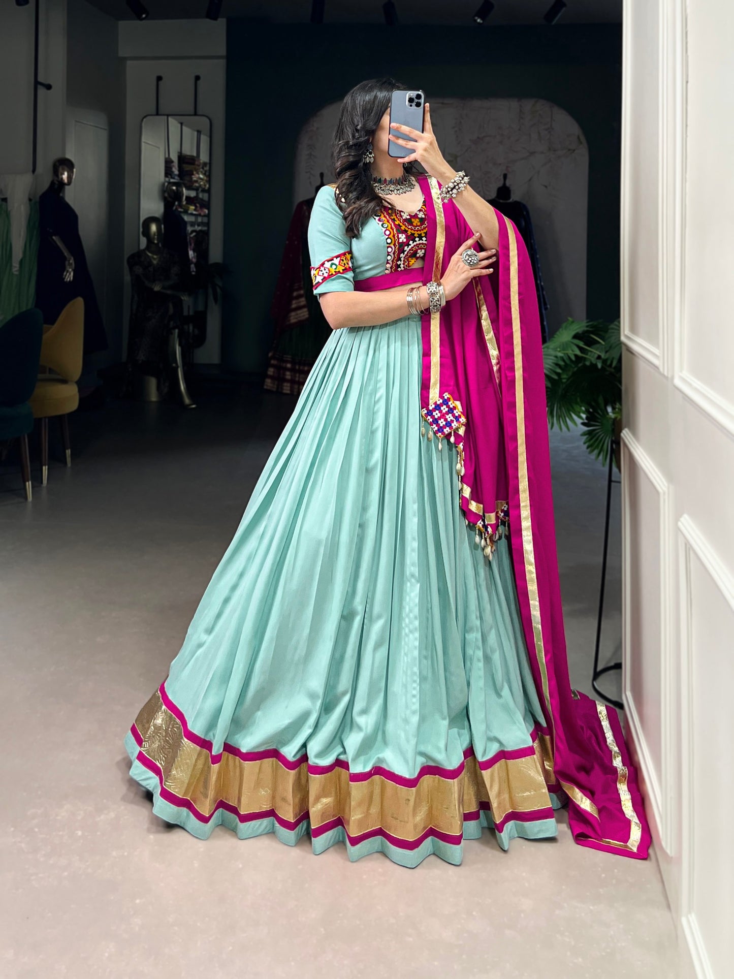 Sea Green Navaratri Chaniya Choli in Rayon With Gamathi and Embossed Lace