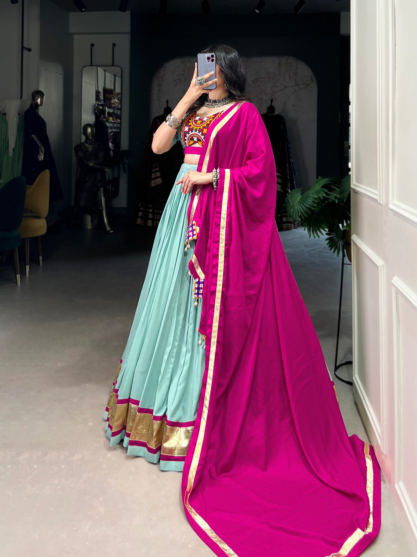 Sea Green Navaratri Chaniya Choli in Rayon With Gamathi and Embossed Lace