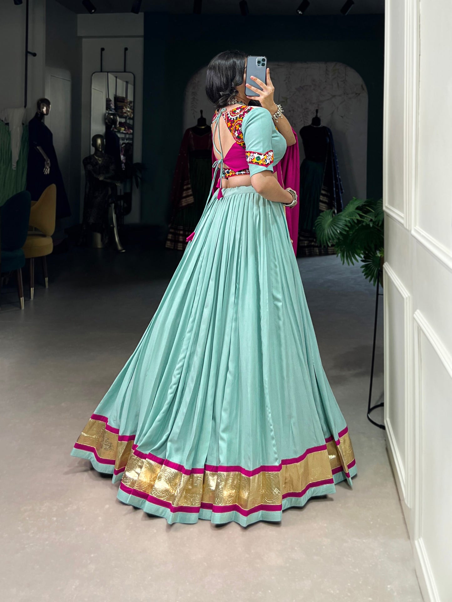 Sea Green Navaratri Chaniya Choli in Rayon With Gamathi and Embossed Lace