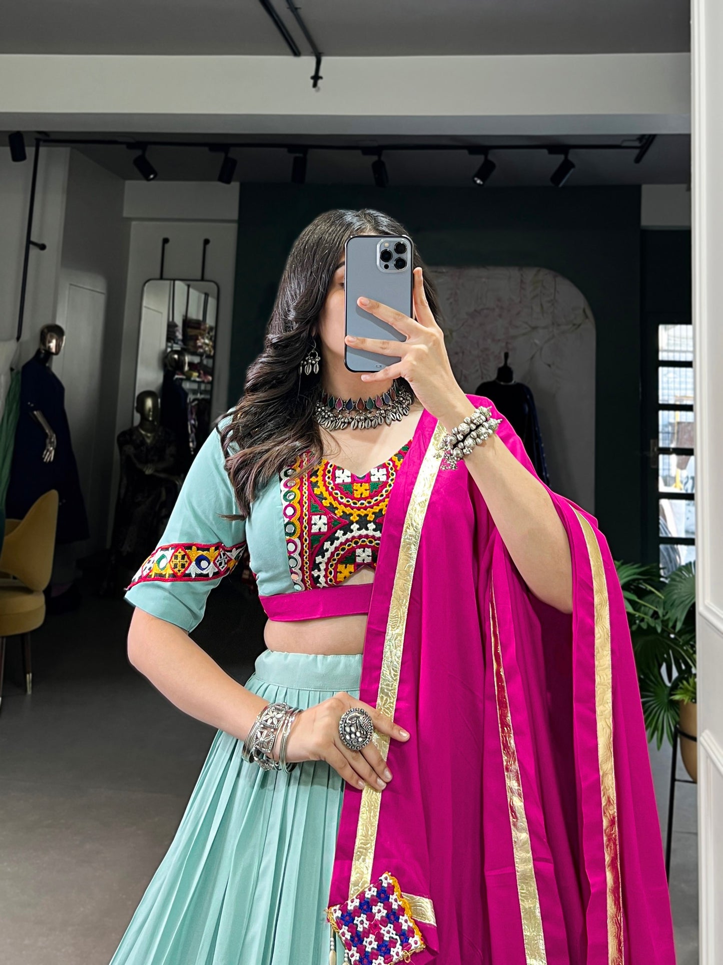 Sea Green Navaratri Chaniya Choli in Rayon With Gamathi and Embossed Lace