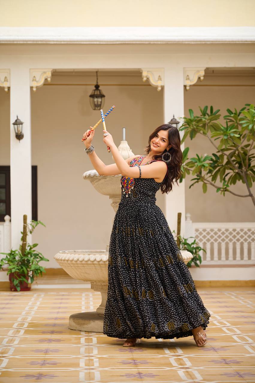 Navratri Special Gamathi Mirror Work Cotton Flared Black Gown