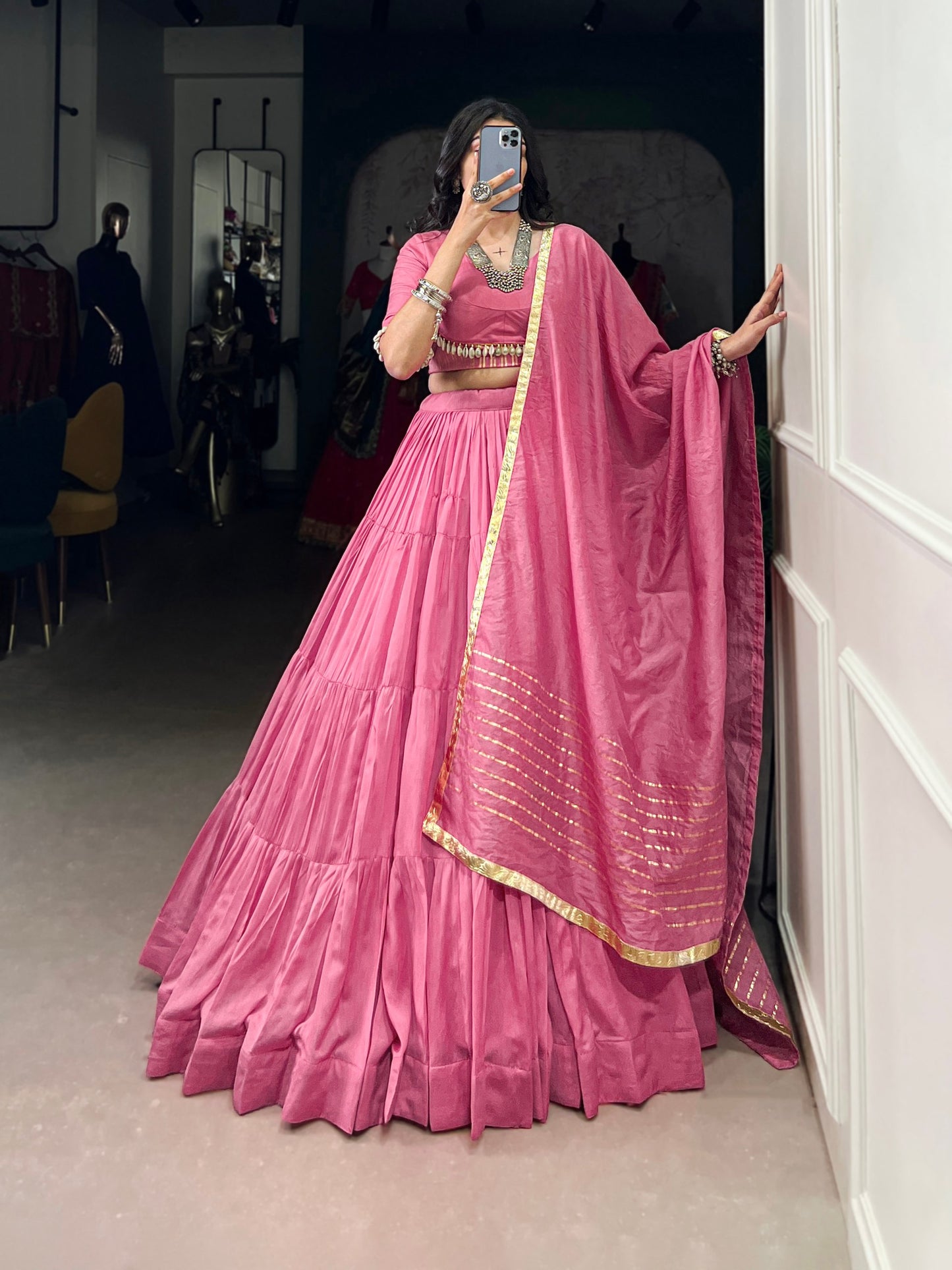 Lehenga that whispers culture – pure Chanderi, pure devotion