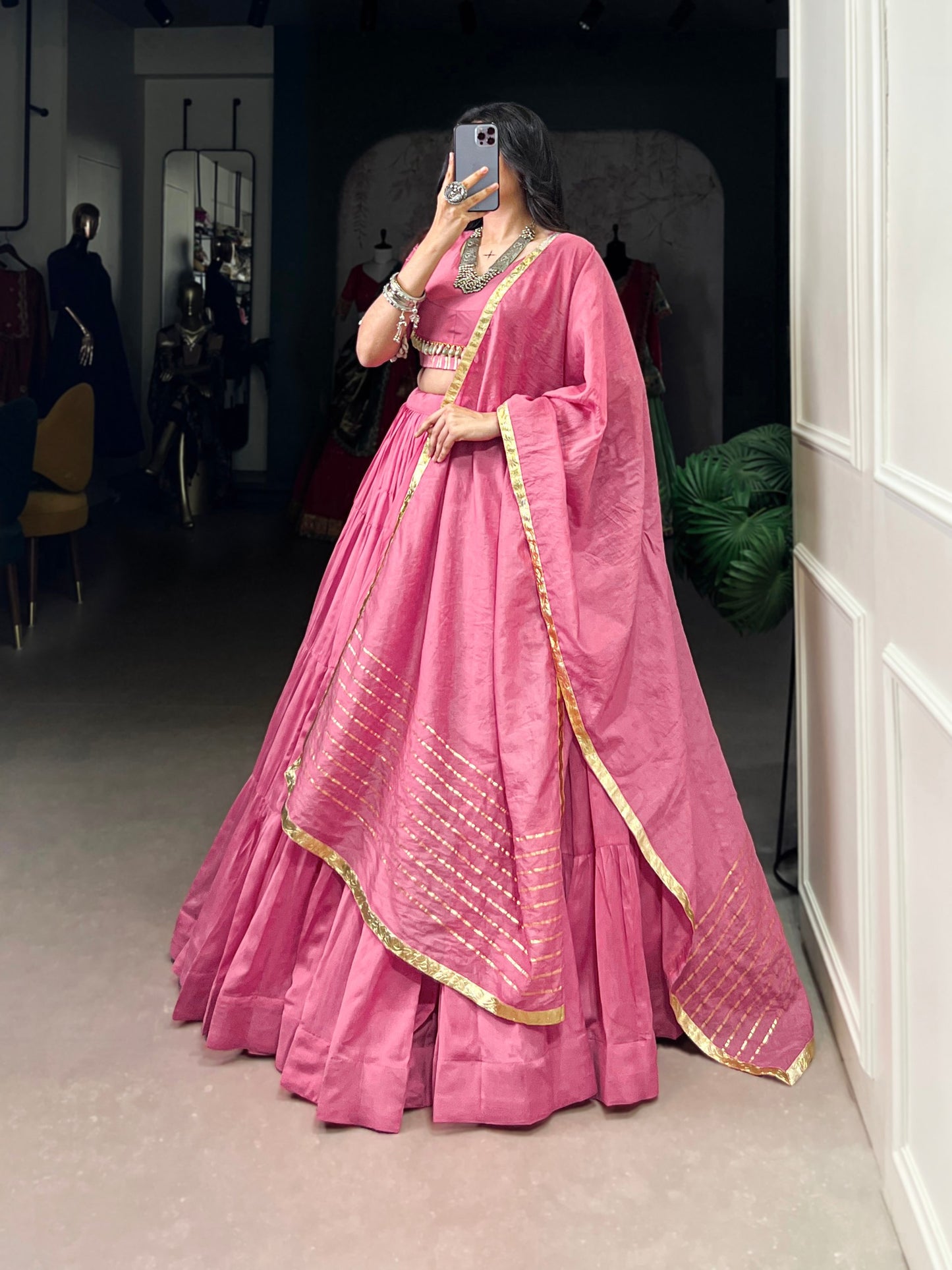 Lehenga that whispers culture – pure Chanderi, pure devotion