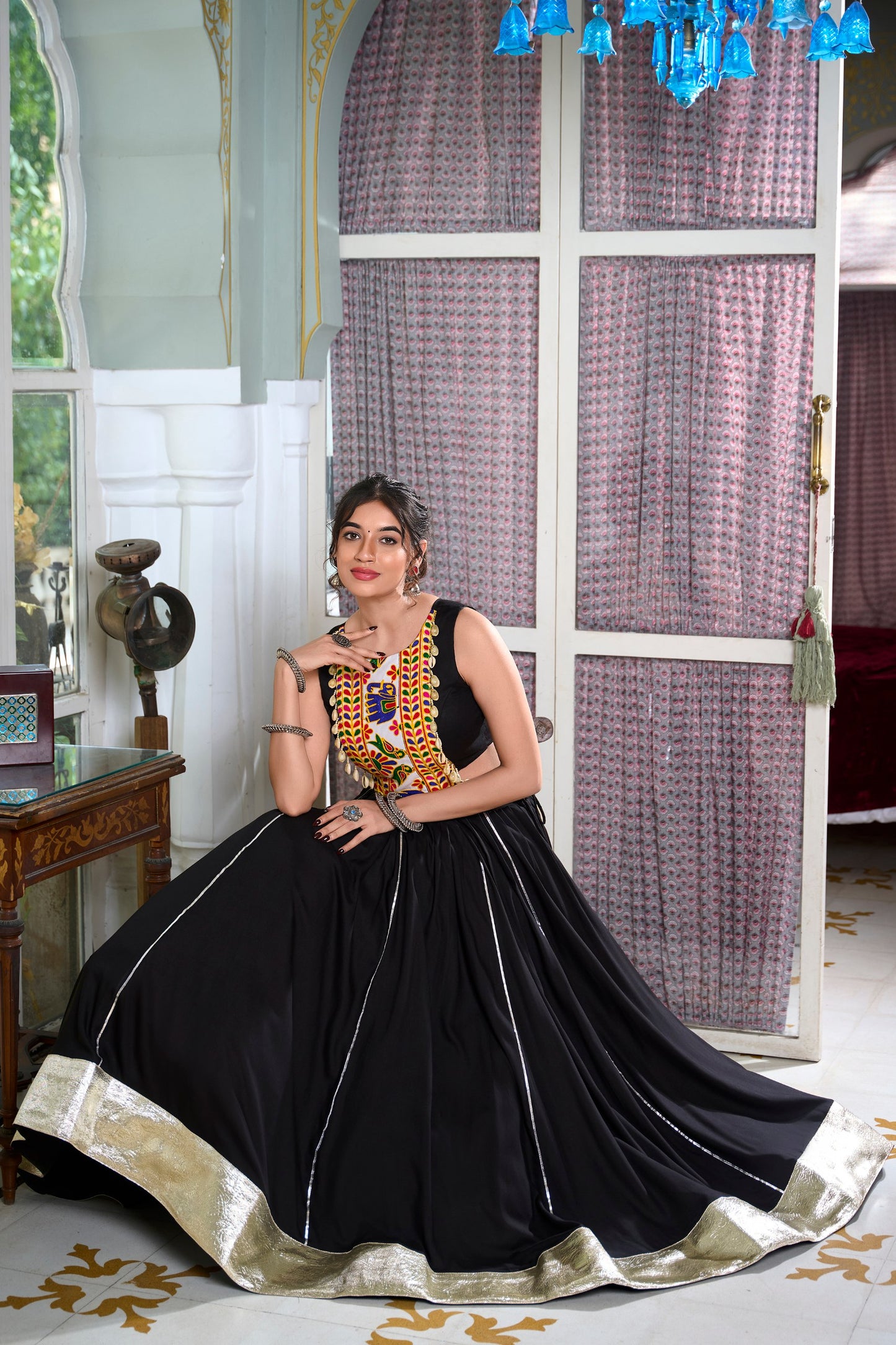 Festive Fashion Rayon Black Lehenga With Gamthi Work Blouse For Navratri