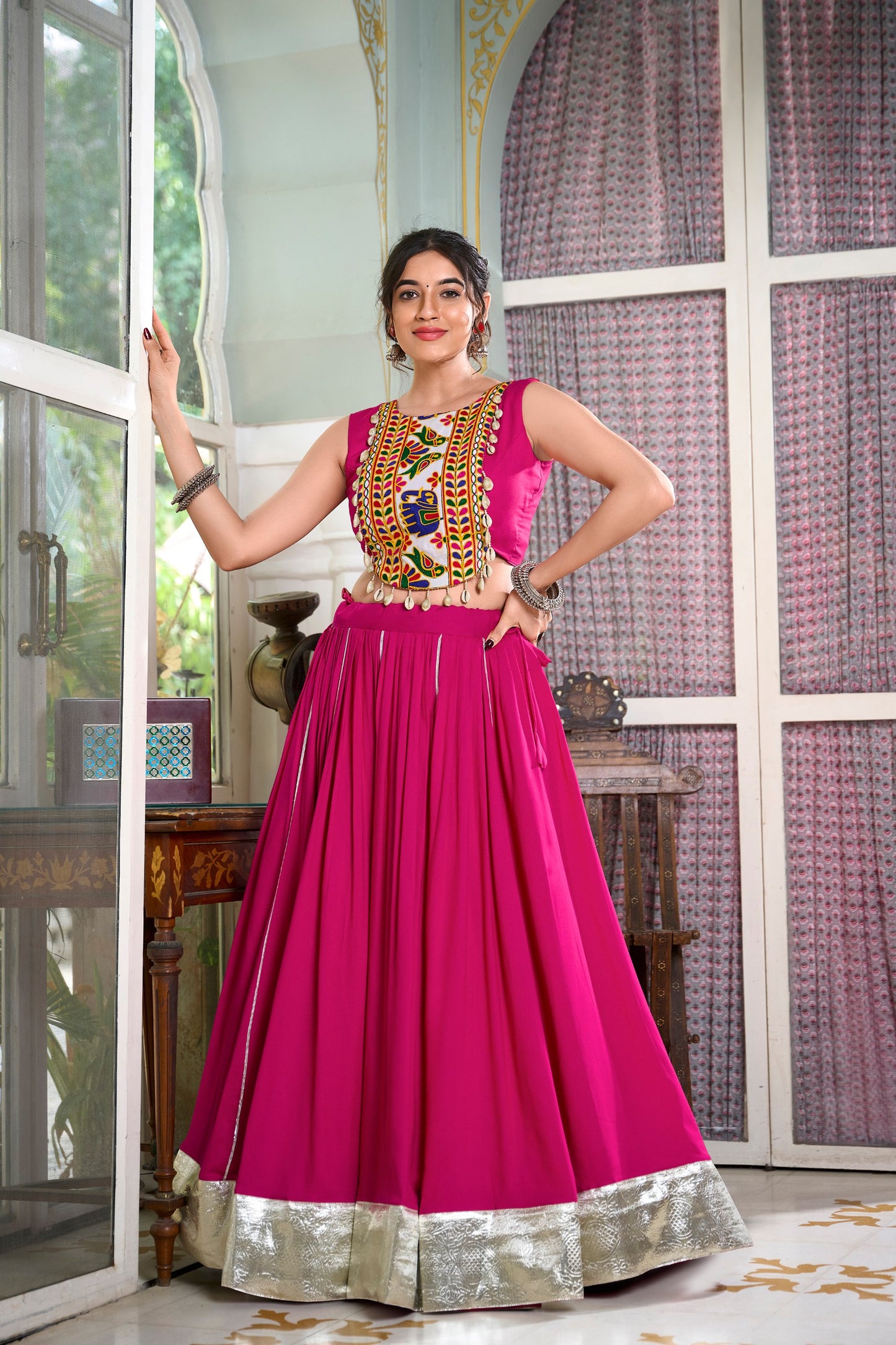 Festive Fashion Rayon Pink Lehenga With Gamthi Work Blouse For Navratri