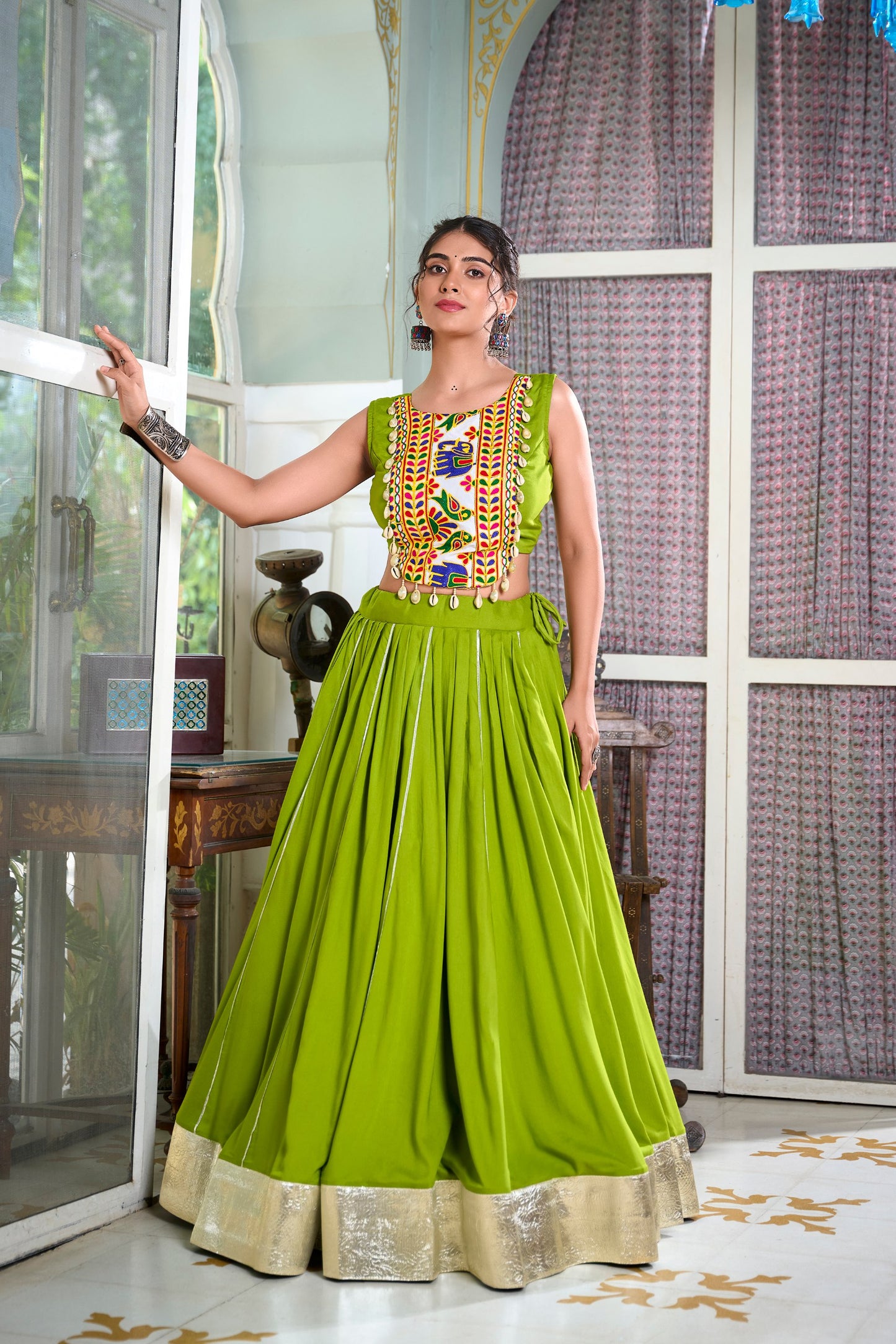 Festive Fashion Rayon Parrot Green Lehenga With Gamthi Work Blouse For Navratri