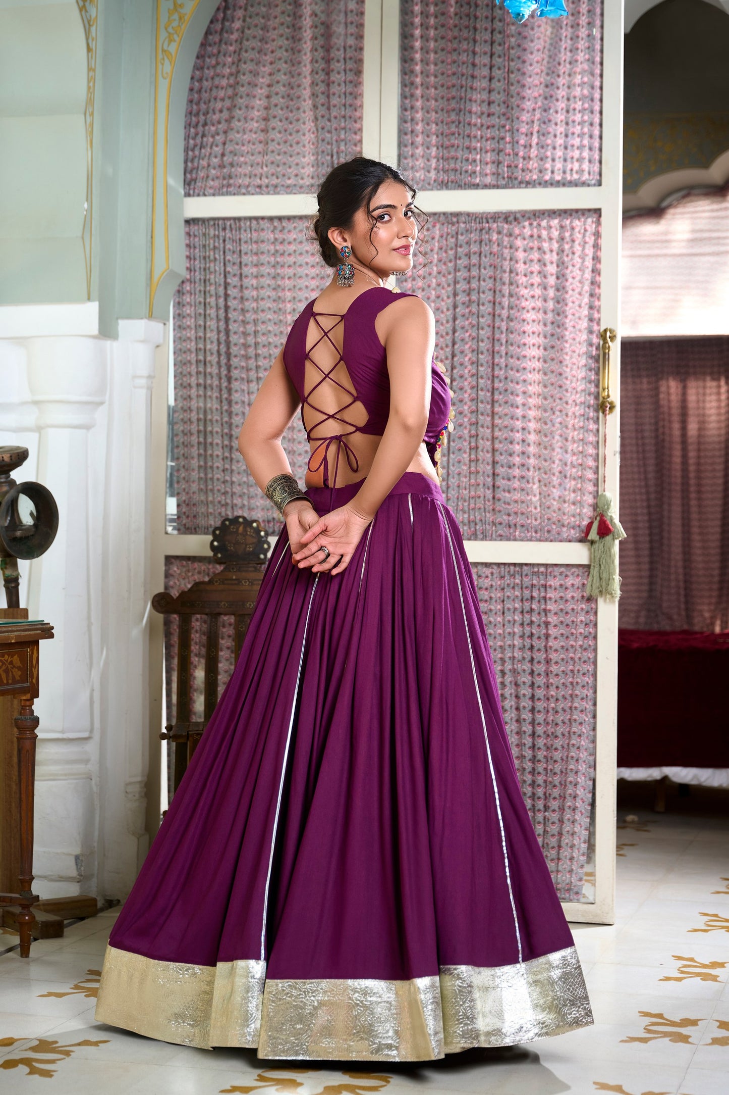 Festive Fashion Rayon Wine Lehenga With Gamthi Work Blouse For Navratri