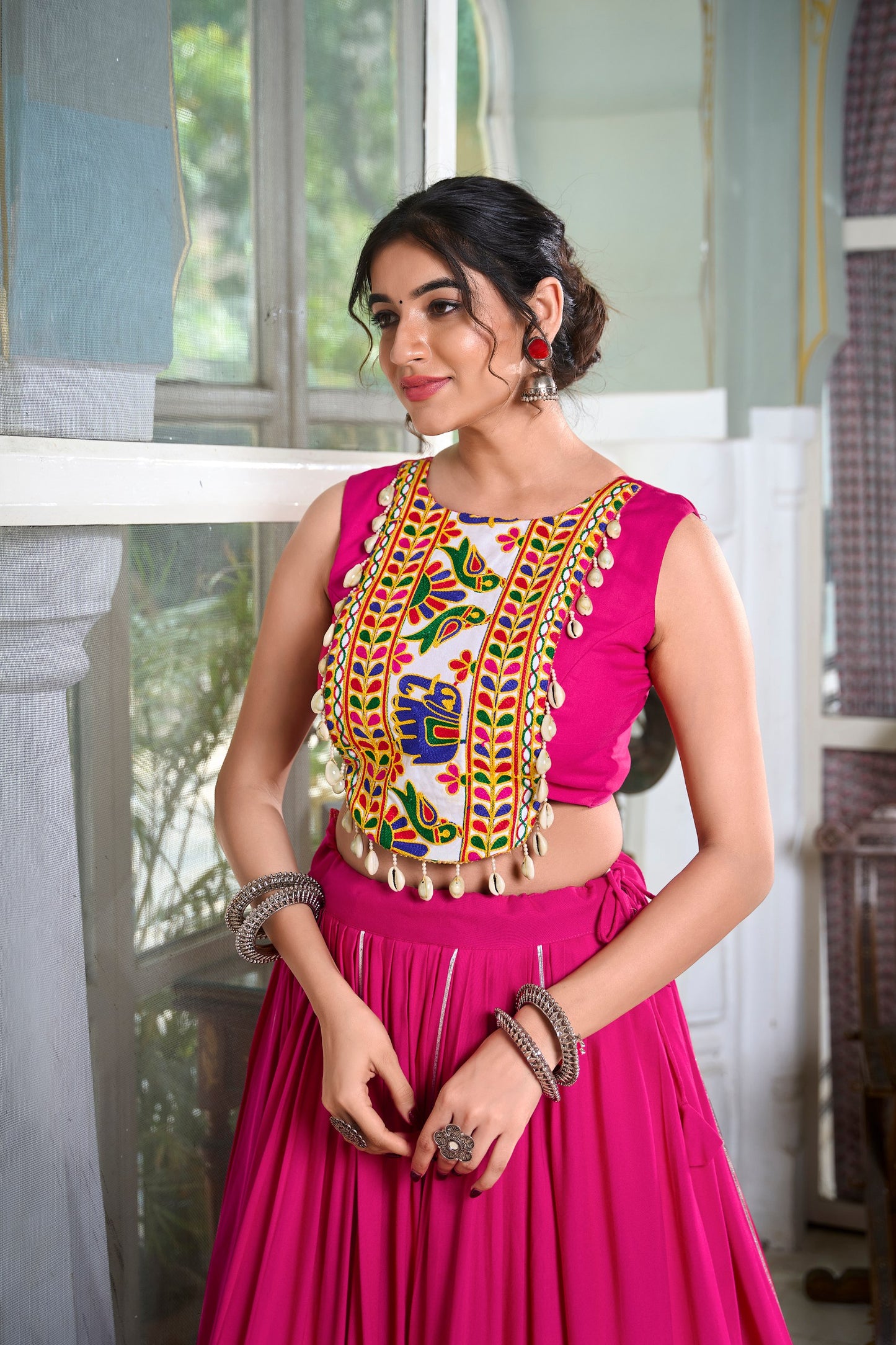 Festive Fashion Rayon Pink Lehenga With Gamthi Work Blouse For Navratri