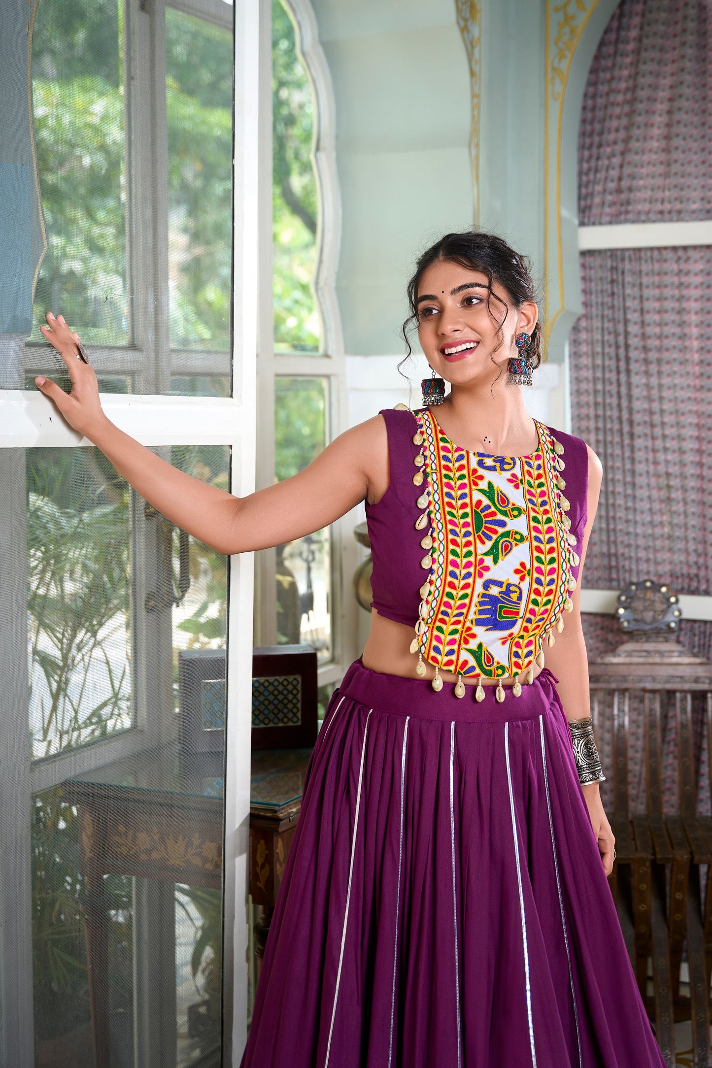 Festive Fashion Rayon Wine Lehenga With Gamthi Work Blouse For Navratri