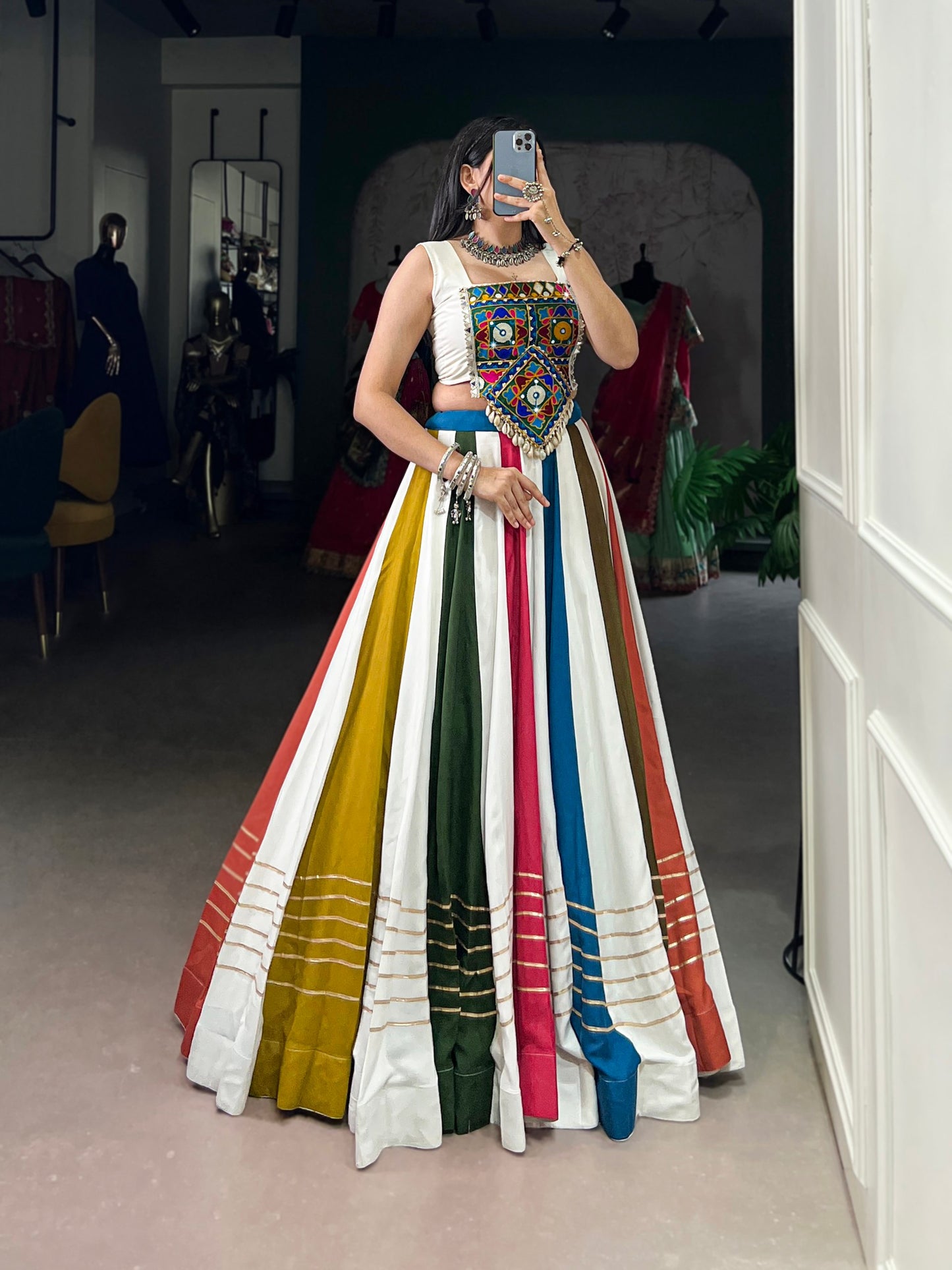 Multicolor Mirror work Flared Navratri Leehenga Choli