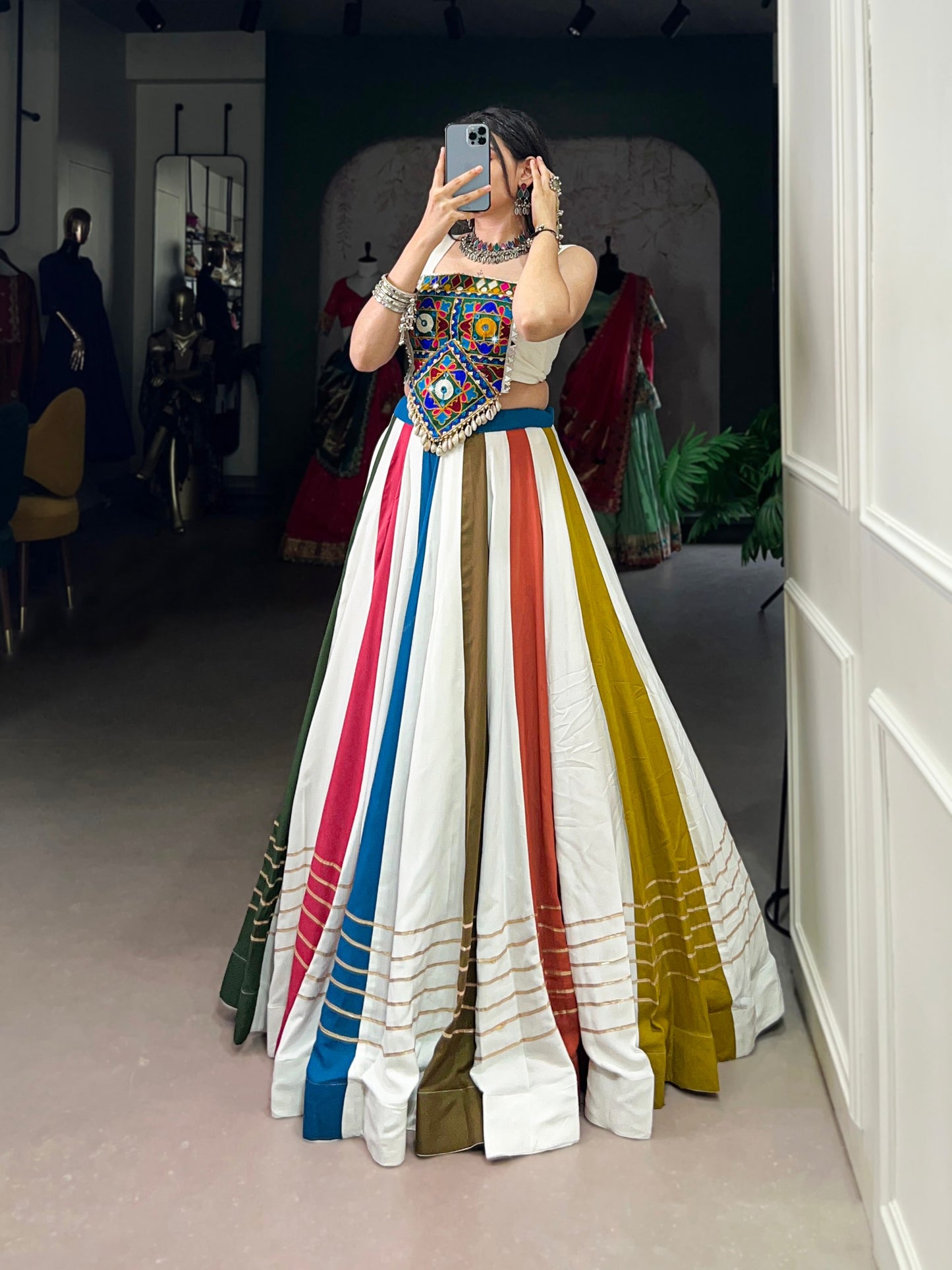 Multicolor Mirror work Flared Navratri Leehenga Choli