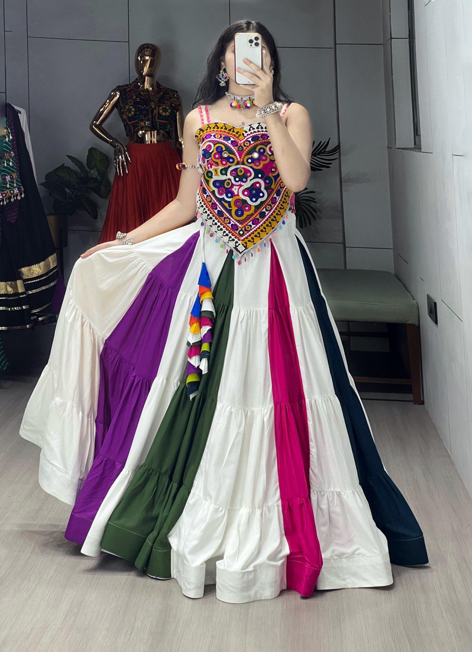 Multicolor Traditional Pure Cotton Mirror Work Navratri Lehenga Choli