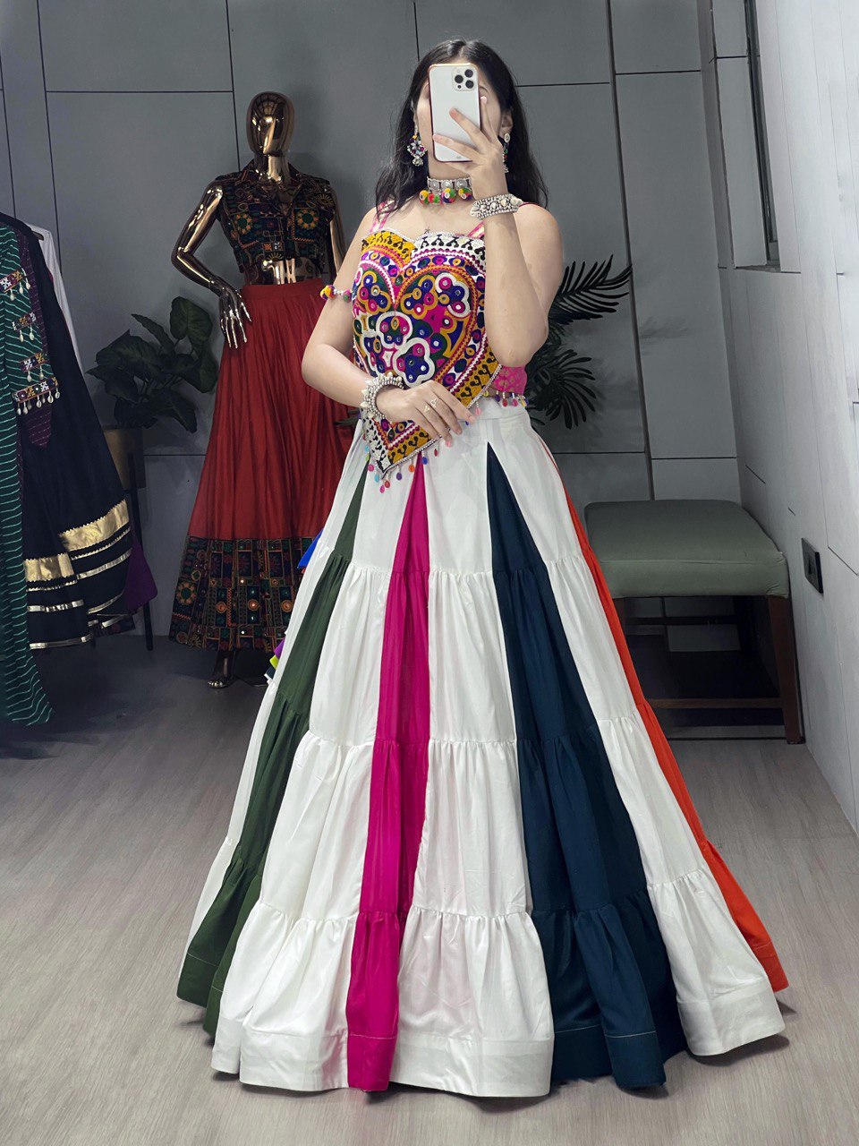 Multicolor Traditional Pure Cotton Mirror Work Navratri Lehenga Choli