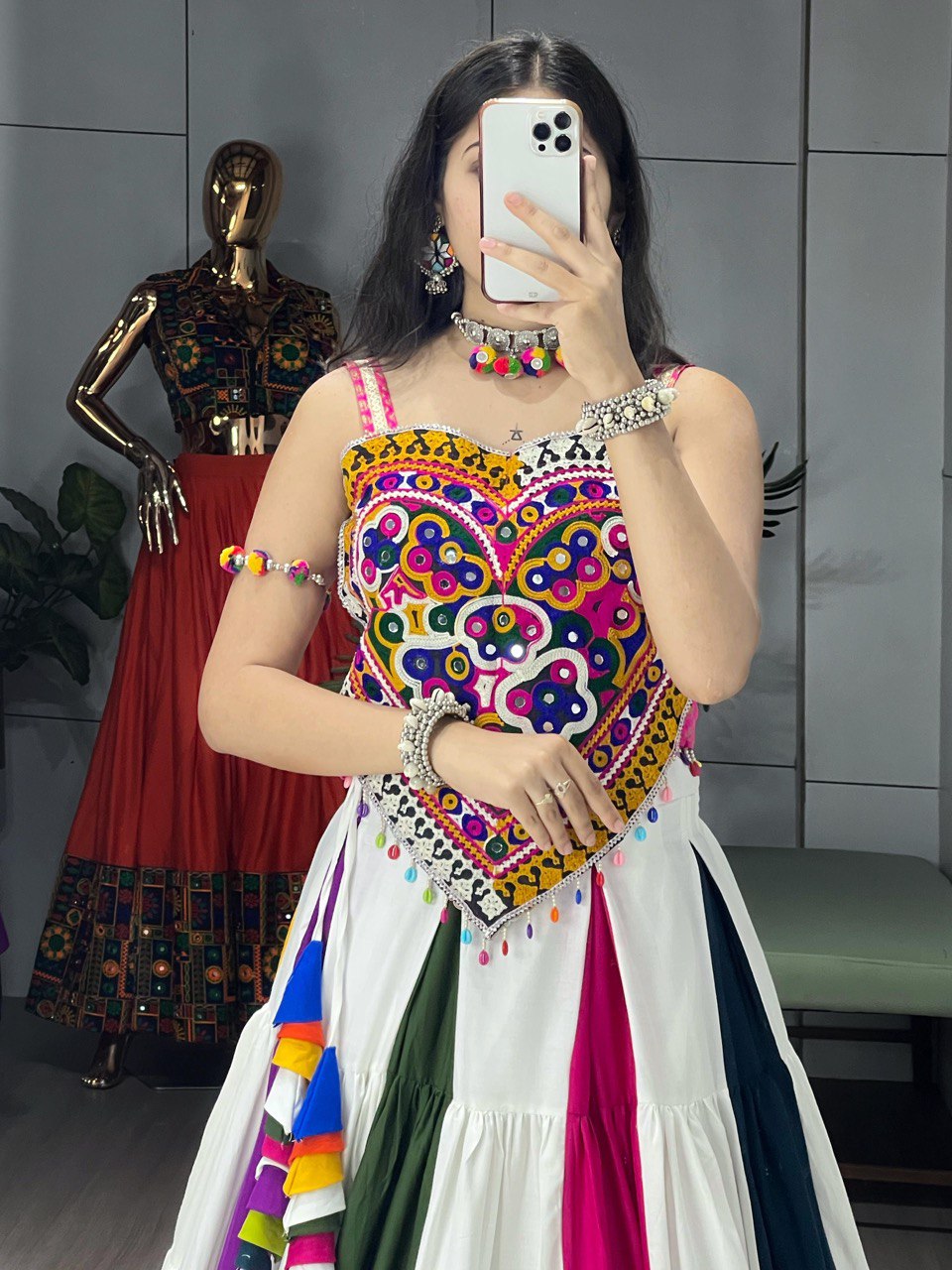 Multicolor Traditional Pure Cotton Mirror Work Navratri Lehenga Choli