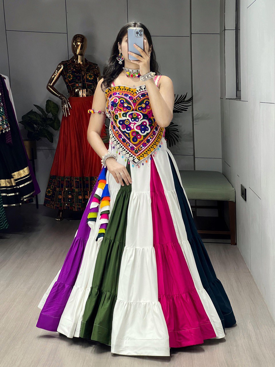 Multicolor Traditional Pure Cotton Mirror Work Navratri Lehenga Choli