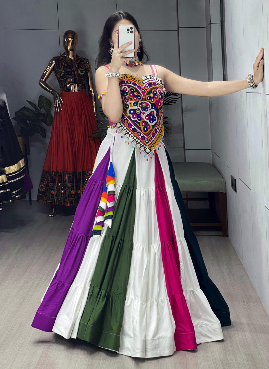 Multicolor Traditional Pure Cotton Mirror Work Navratri Lehenga Choli