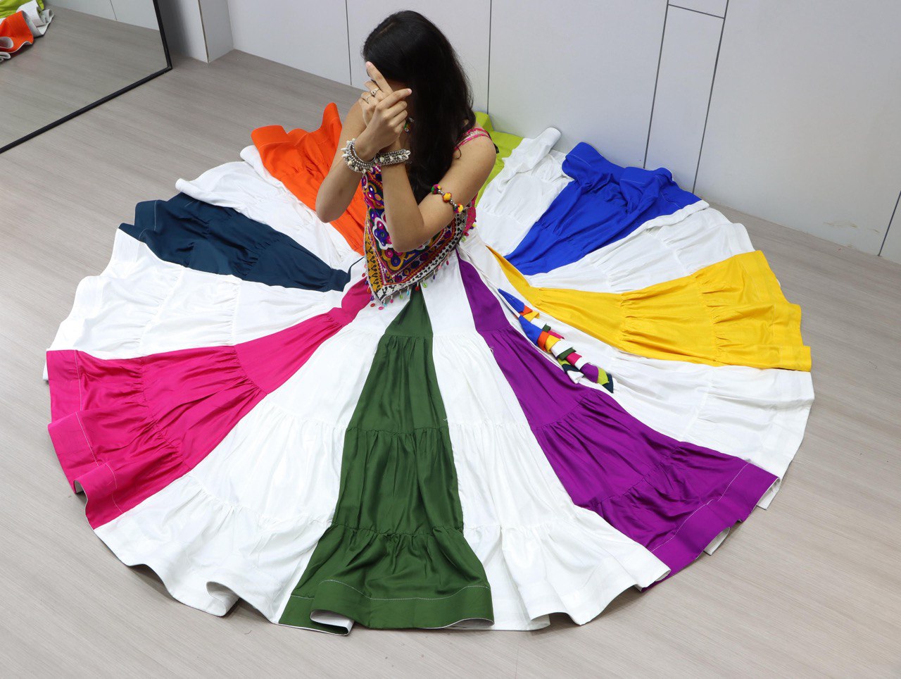 Multicolor Traditional Pure Cotton Mirror Work Navratri Lehenga Choli