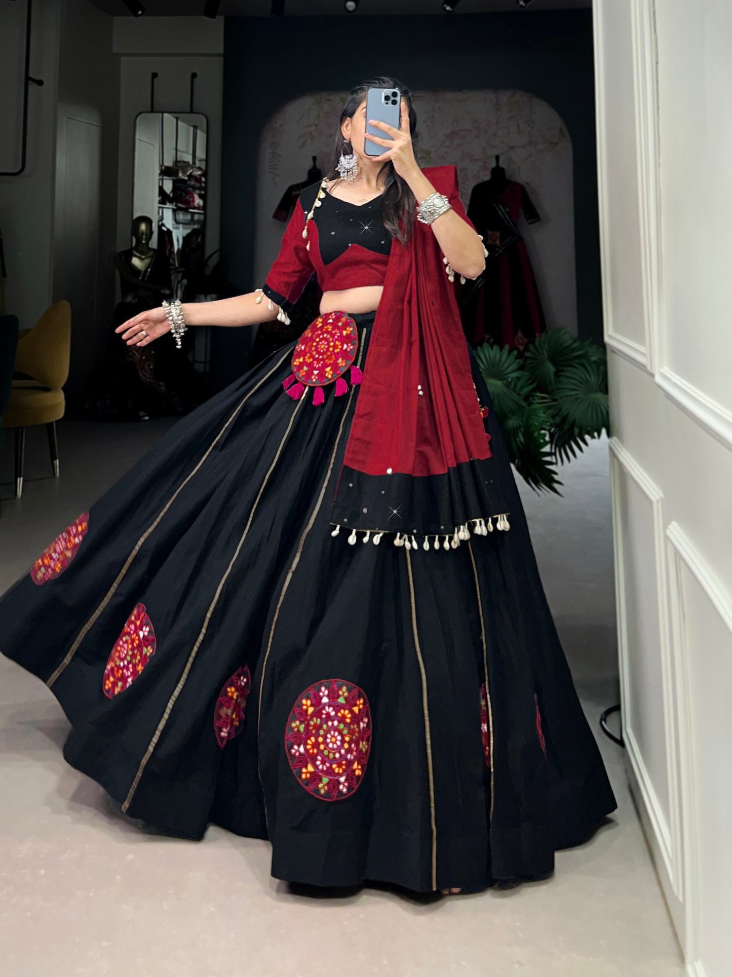 Gamthi and Kodi Work Black Navaratri Lehenga Choli