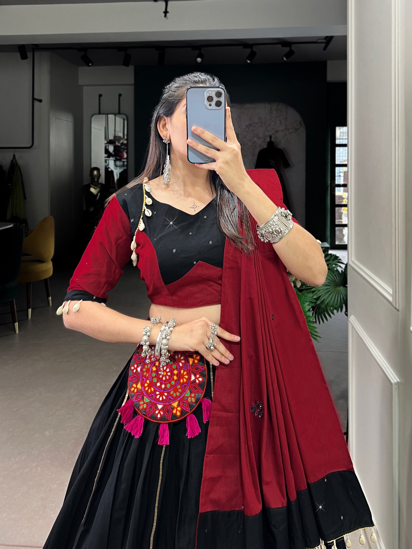 Gamthi and Kodi Work Black Navaratri Lehenga Choli