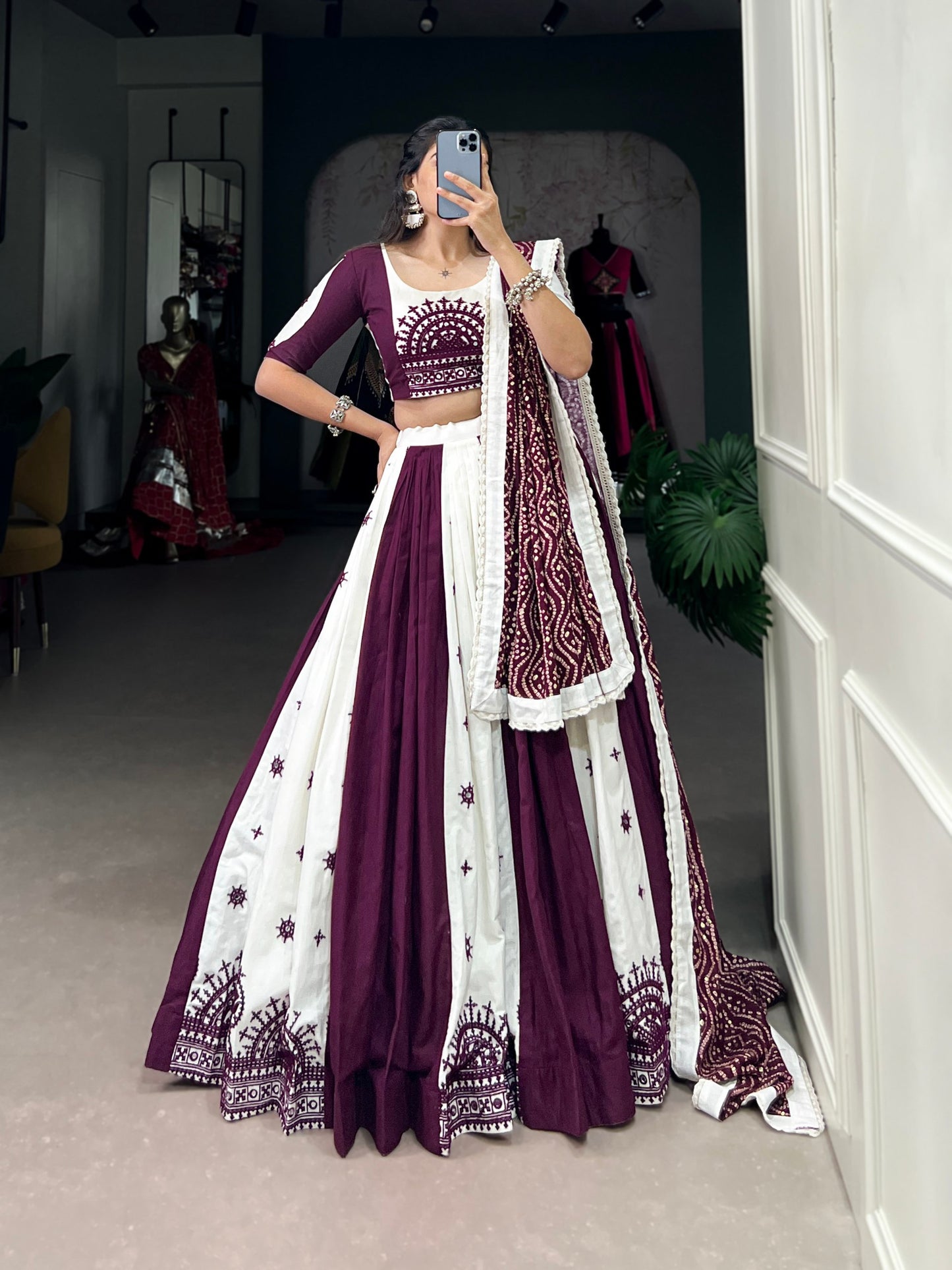 Navratri Special White and Wine Lehenga Choli Set with Traditional Embroidery and Mirror Work Dupatta