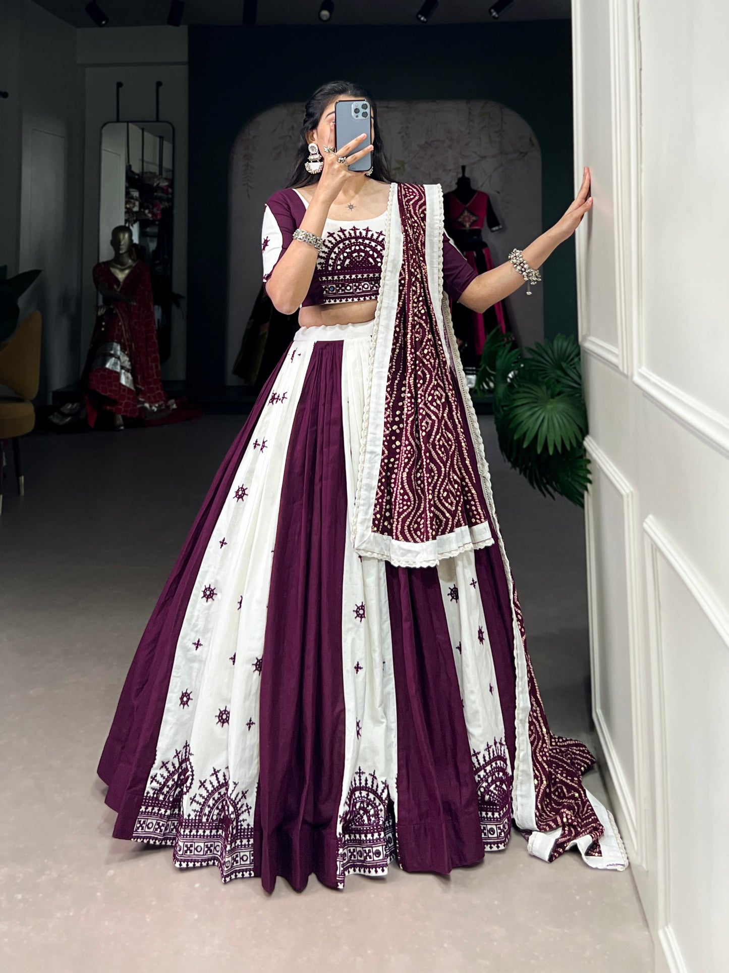 Navratri Special White and Wine Lehenga Choli Set with Traditional Embroidery and Mirror Work Dupatta