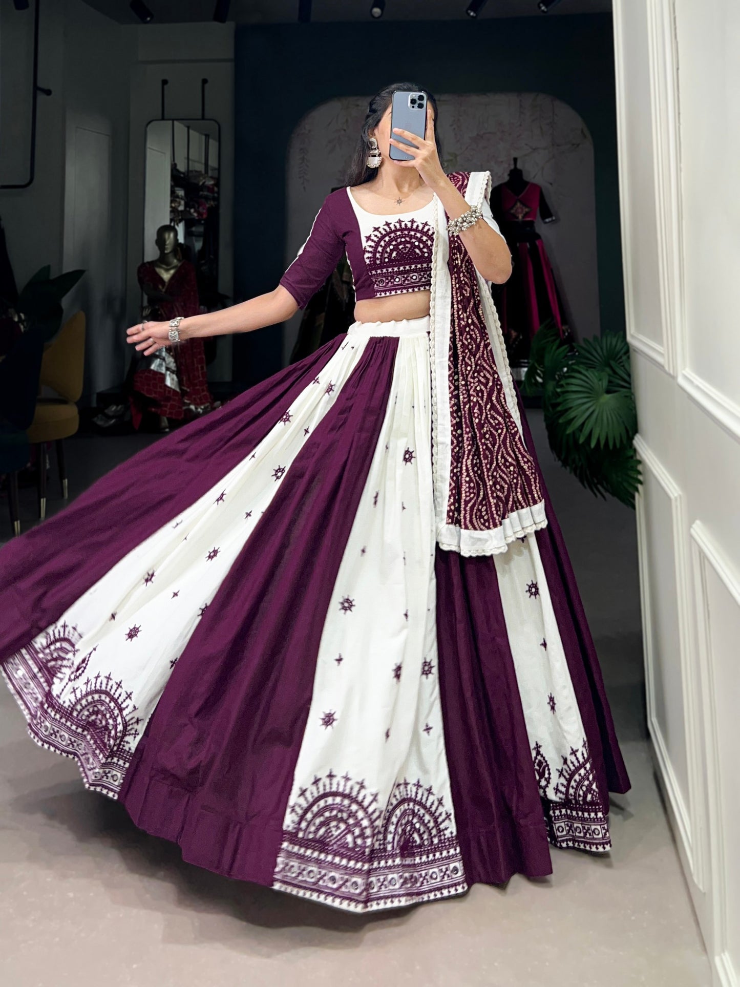 Navratri Special White and Wine Lehenga Choli Set with Traditional Embroidery and Mirror Work Dupatta