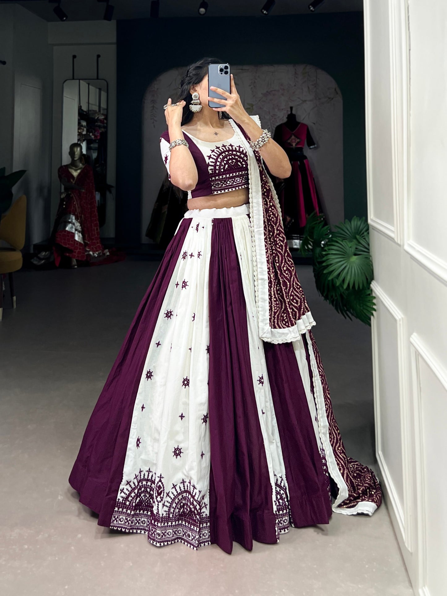 Navratri Special White and Wine Lehenga Choli Set with Traditional Embroidery and Mirror Work Dupatta