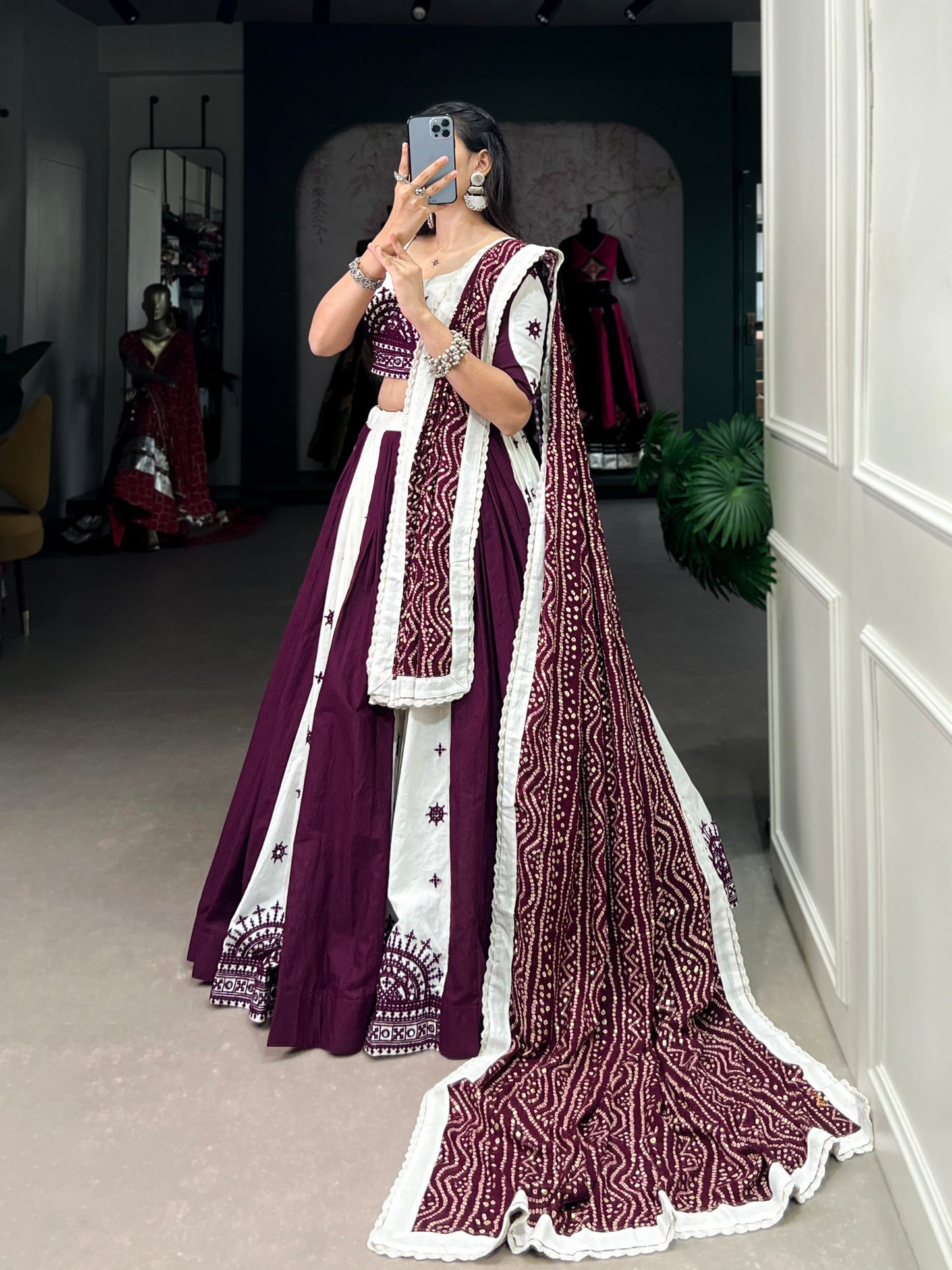 Navratri Special White and Wine Lehenga Choli Set with Traditional Embroidery and Mirror Work Dupatta