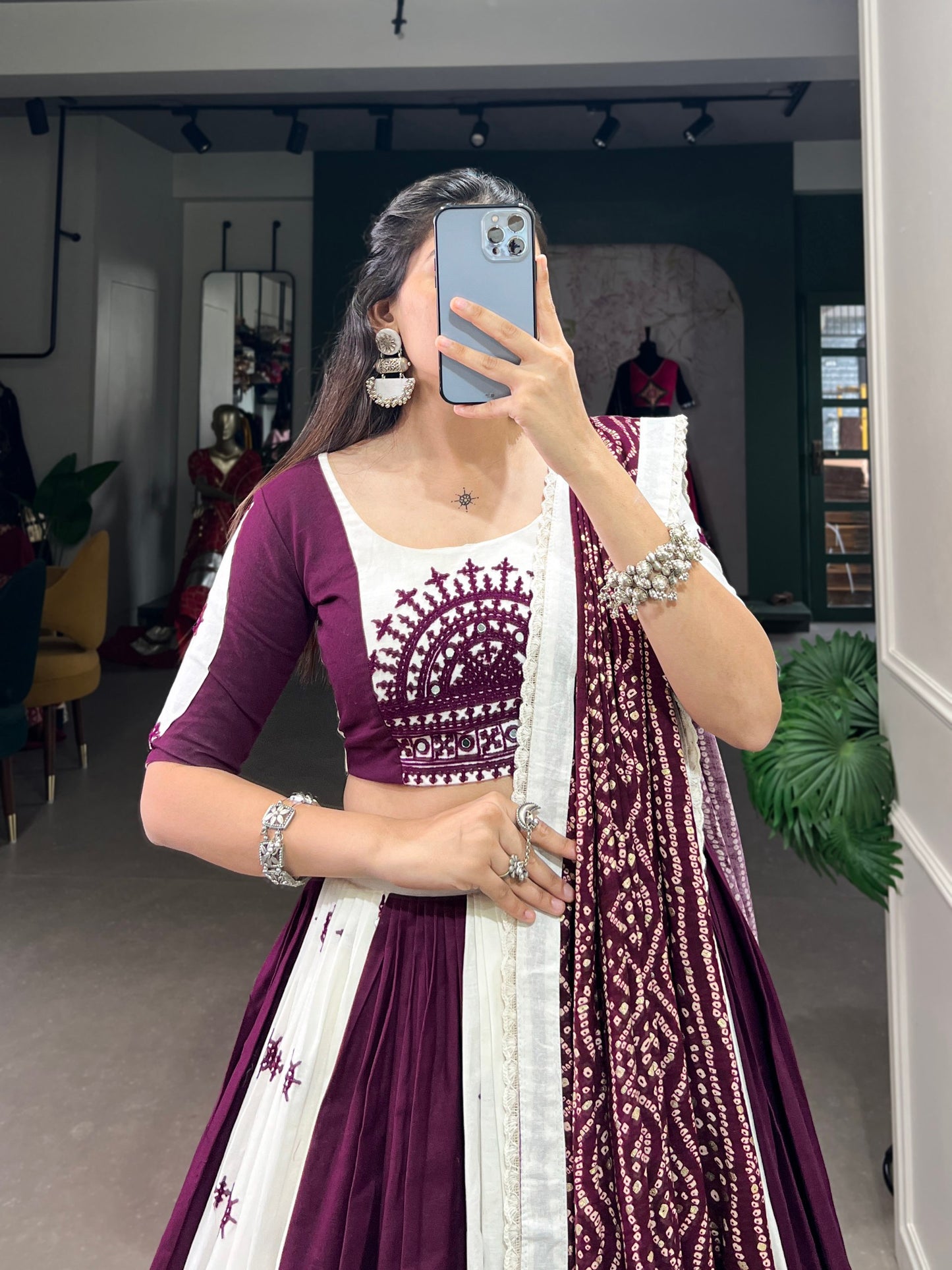 Navratri Special White and Wine Lehenga Choli Set with Traditional Embroidery and Mirror Work Dupatta