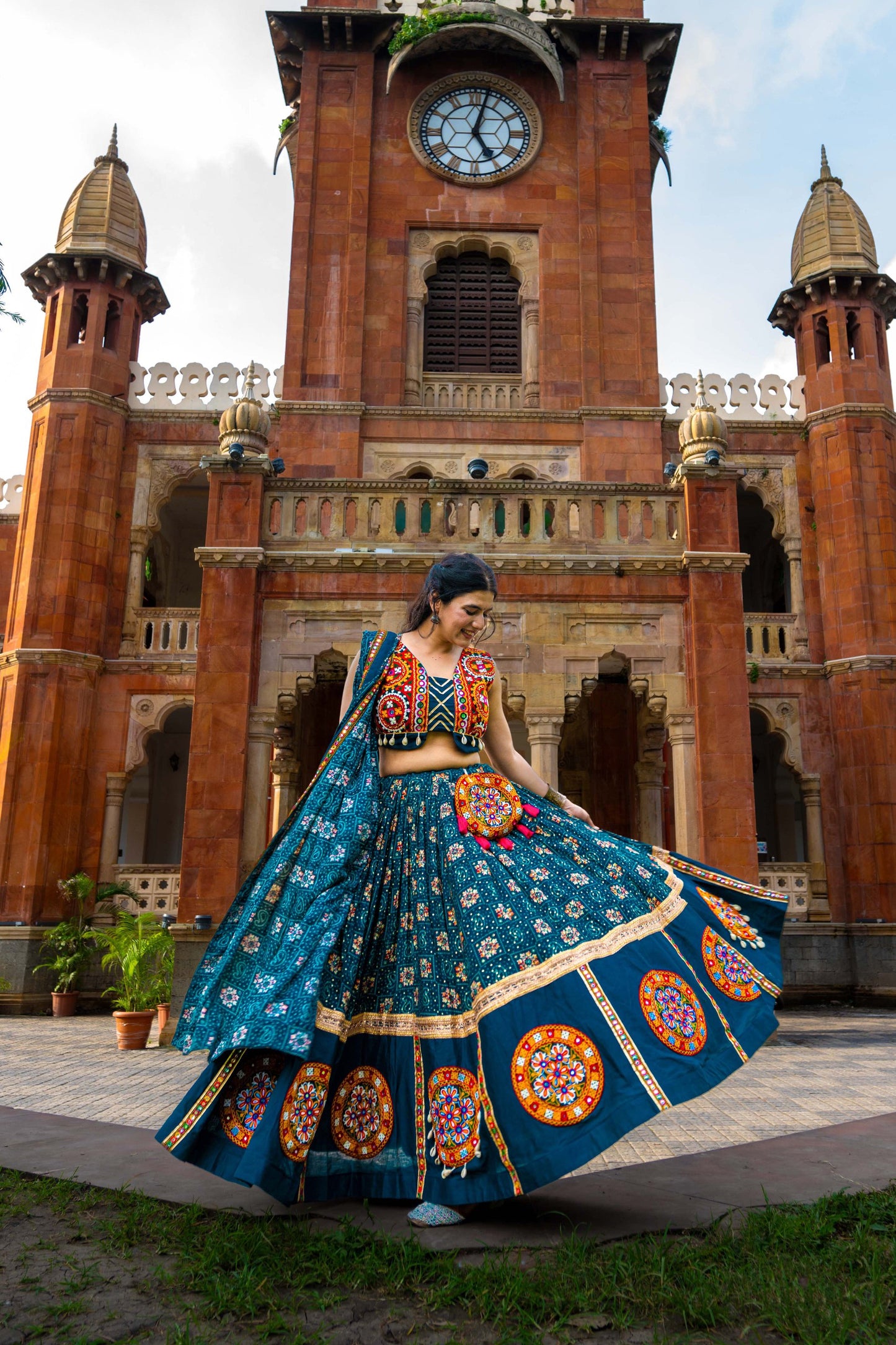 Navratri Special Teal Mirror Work Lehenga Choli Set with Kutchi Embroidery and Flared Skirt