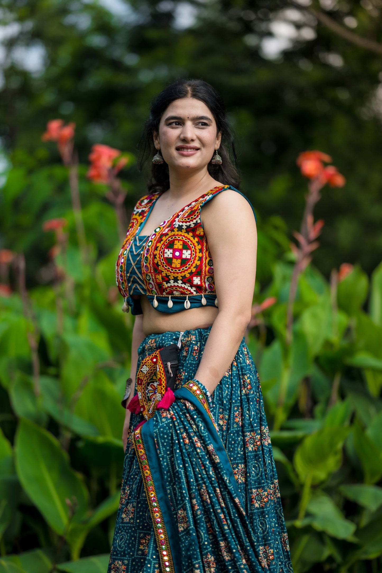 Navratri Special Teal Mirror Work Lehenga Choli Set with Kutchi Embroidery and Flared Skirt